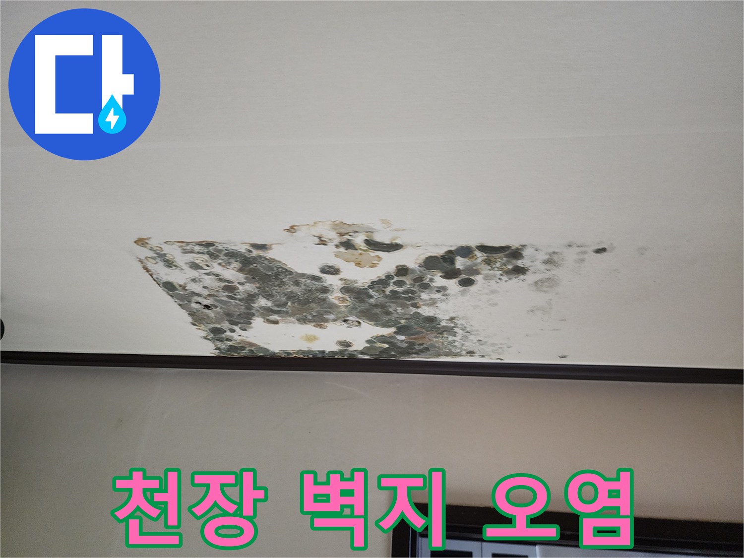 물샘 흔적으로 인해-오염된 천장 벽지 모습