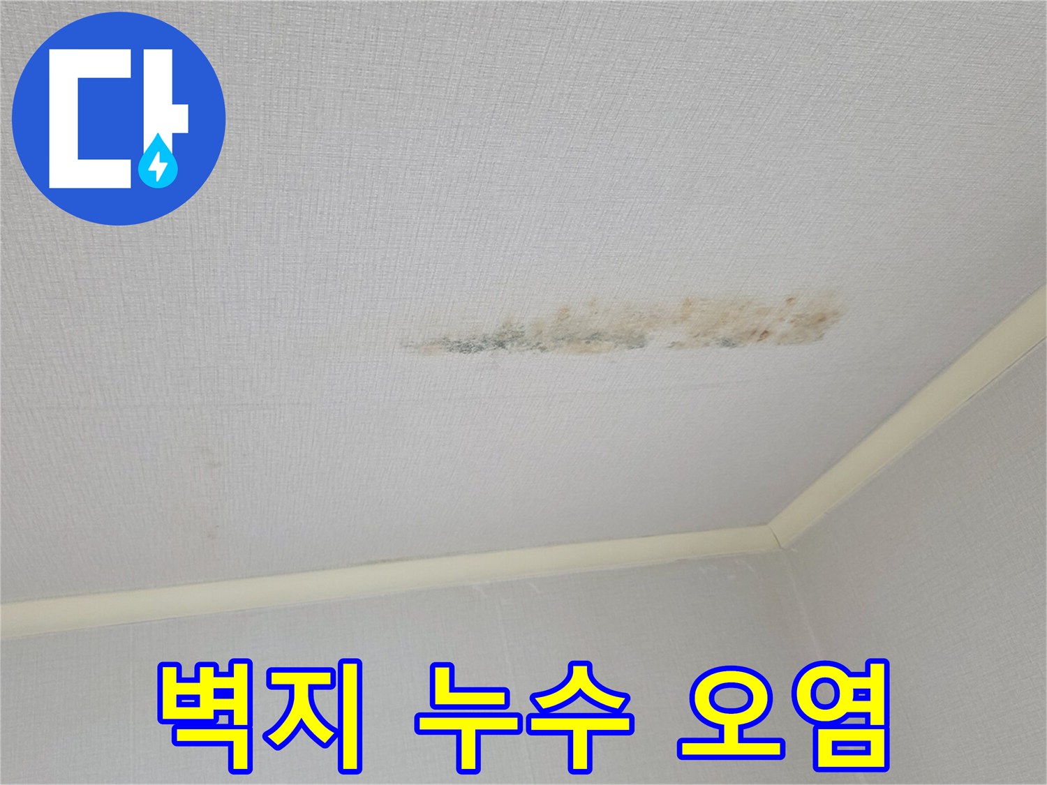천장 가장자리 부근의 누수로 인한 벽지 변색