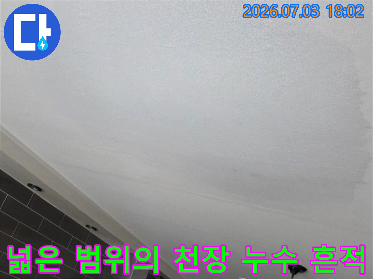 흰색 거실 천장에 발생한 물샘으로 인한 변색 및 얼룩 상태