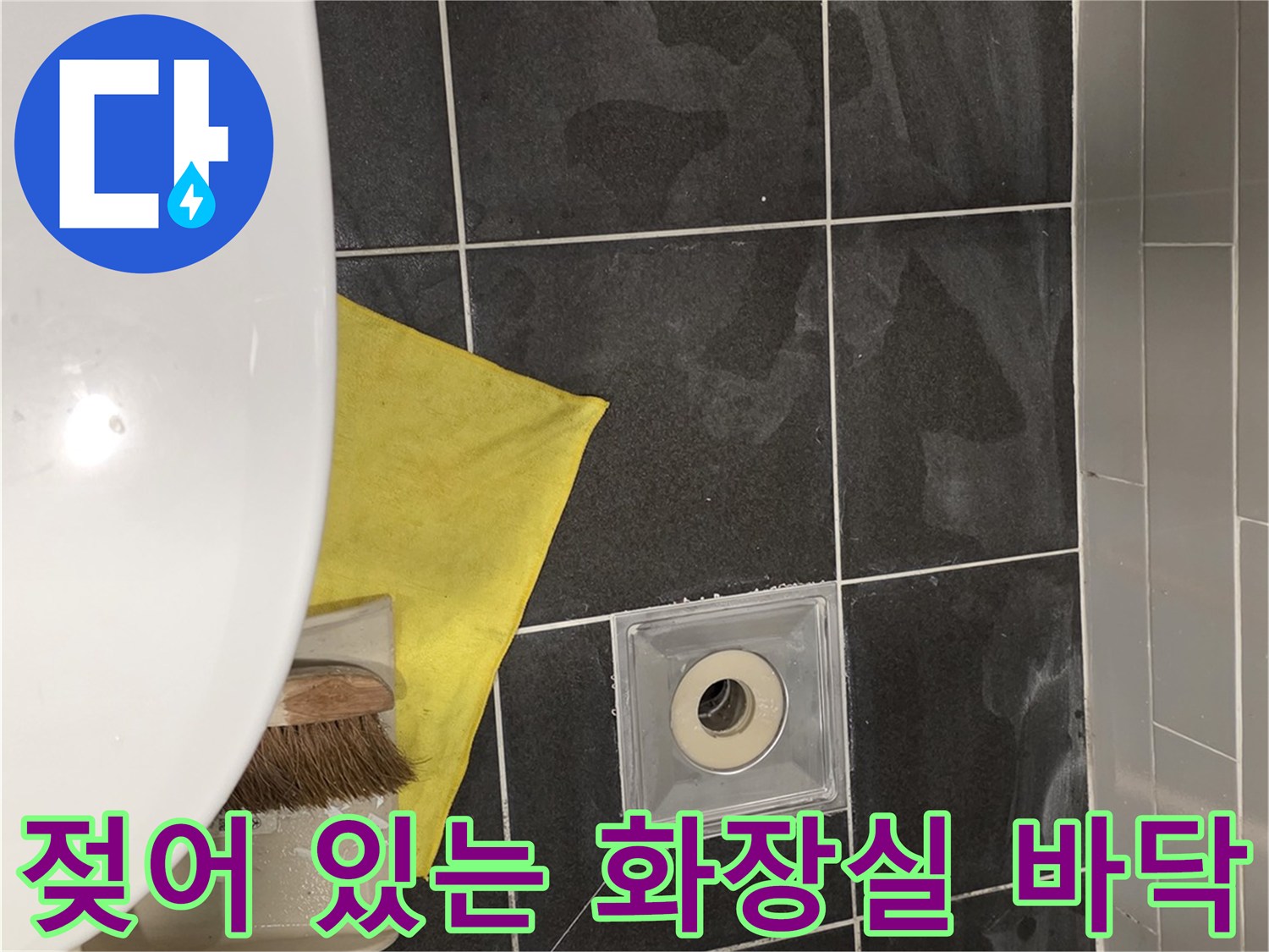 배수구 주변 타일 틈새에 습기가 가득한 사진