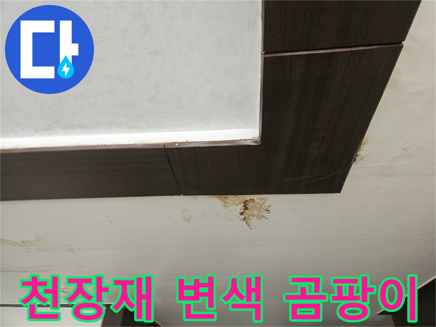 갈색 물 얼룩이 번진 천장 마감재 모습