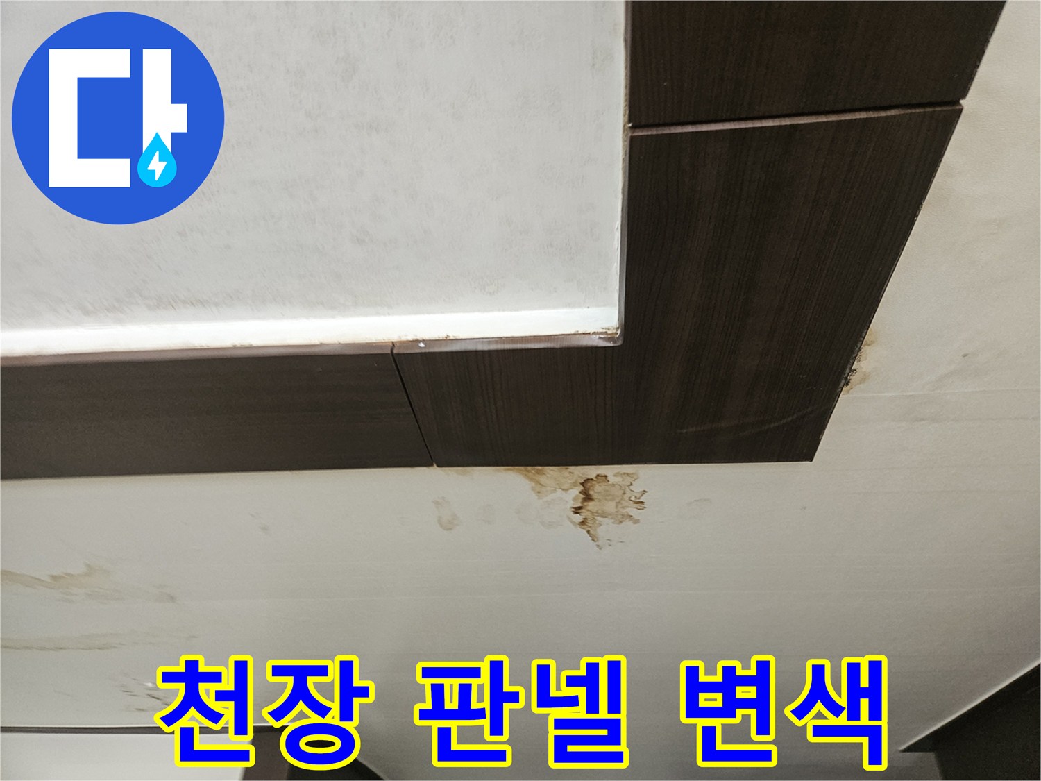 누수로 인해 변색된 천장 마감재 부위