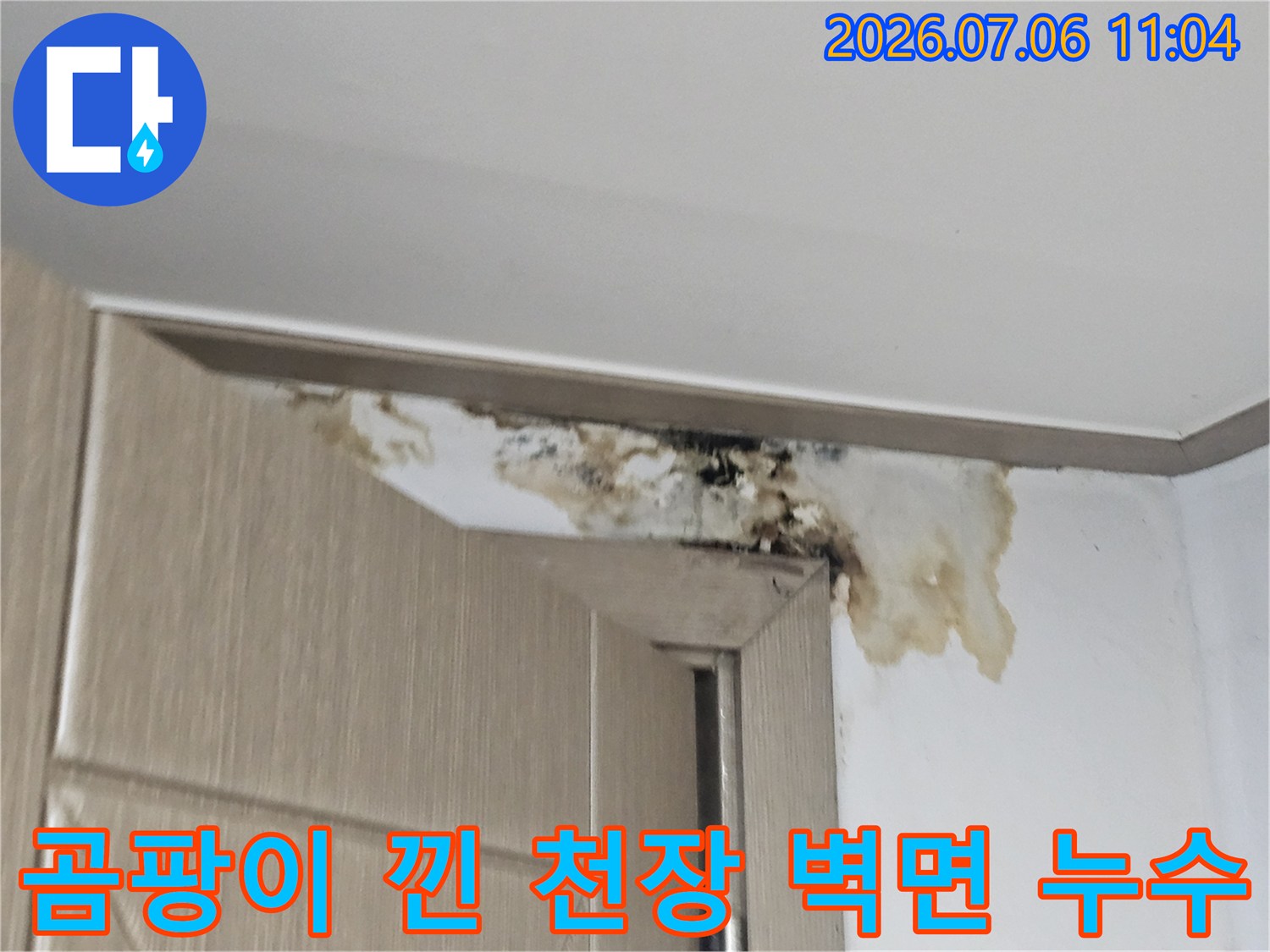 지속적인 누수로 인해 변색되고 오염된 지하층 천장 부위