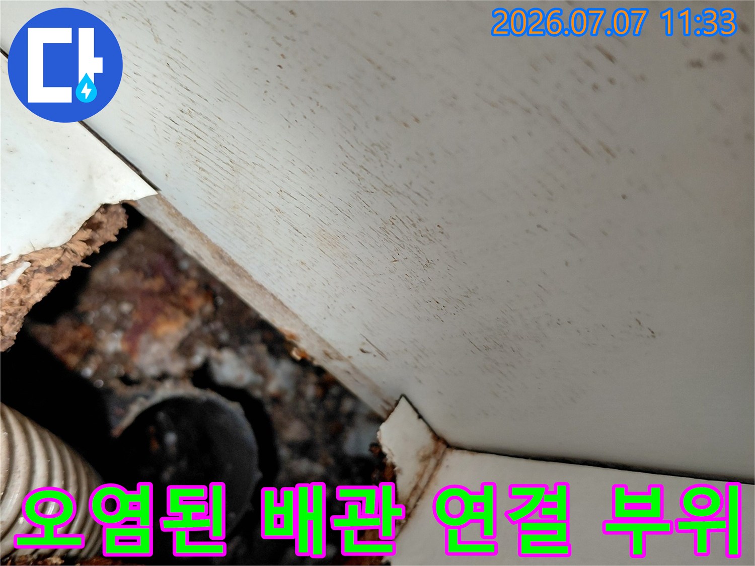 이물질과 슬러지로 막힌 싱크대 하부 배관 노출 사진