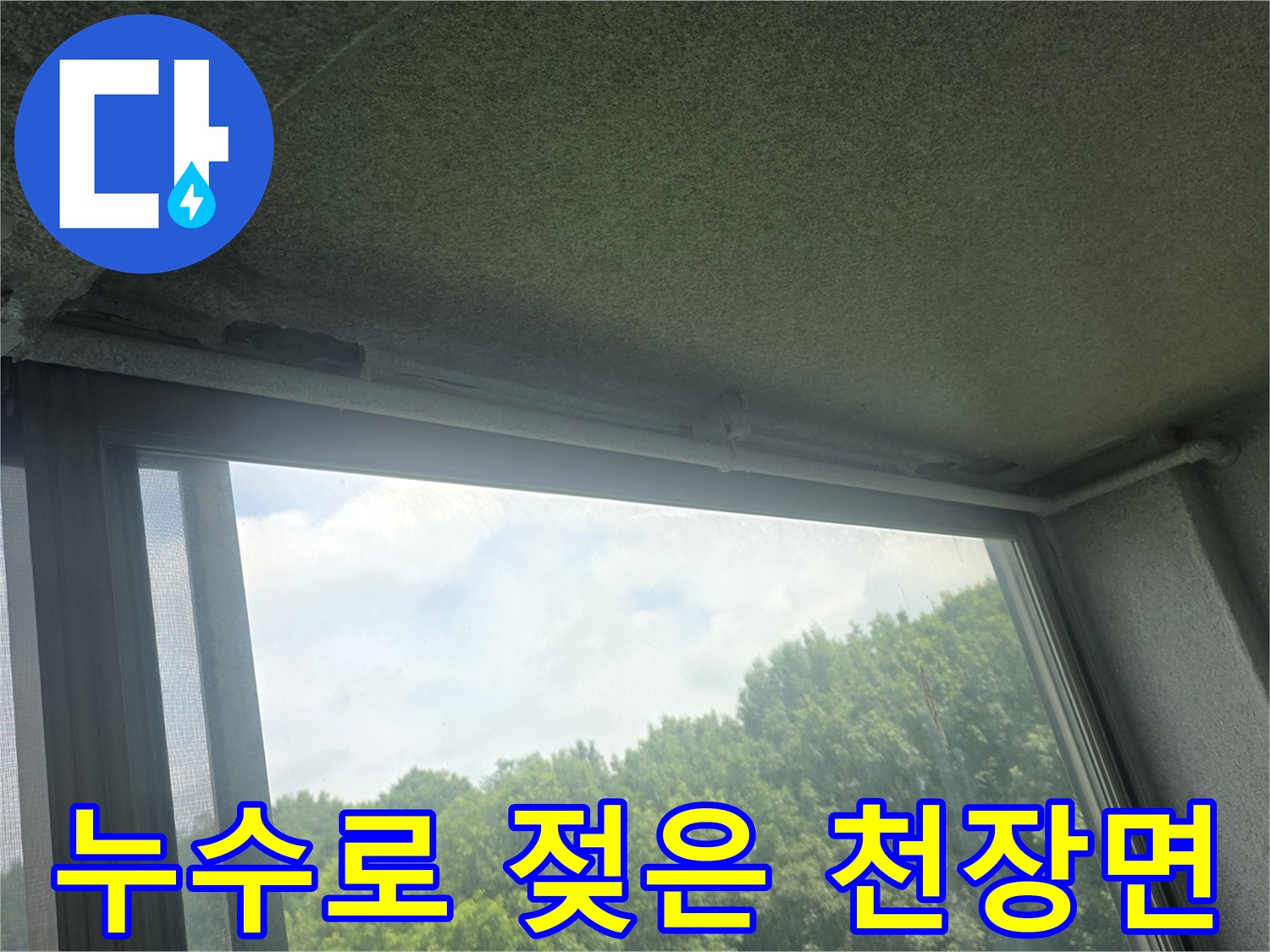 아파트 베란다 천장-물샘으로 인해 변색된 콘크리트 면적
