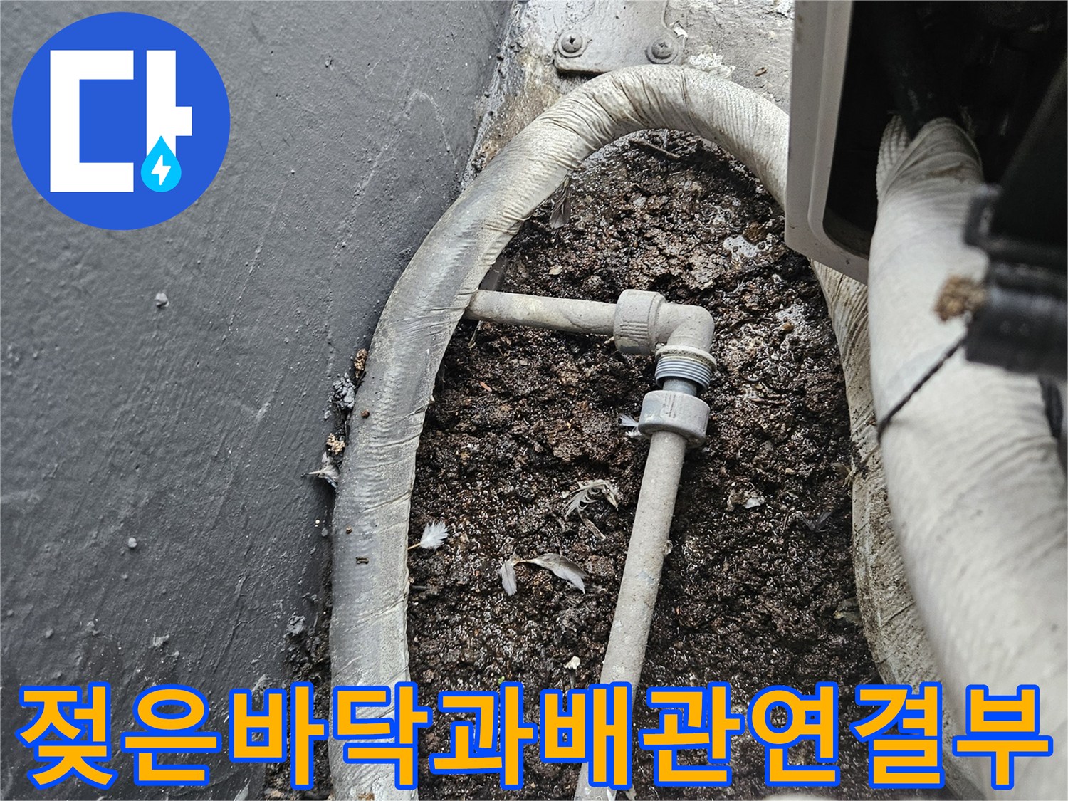 배관 연결 부위와 물이 고여 있는 바닥 틈새