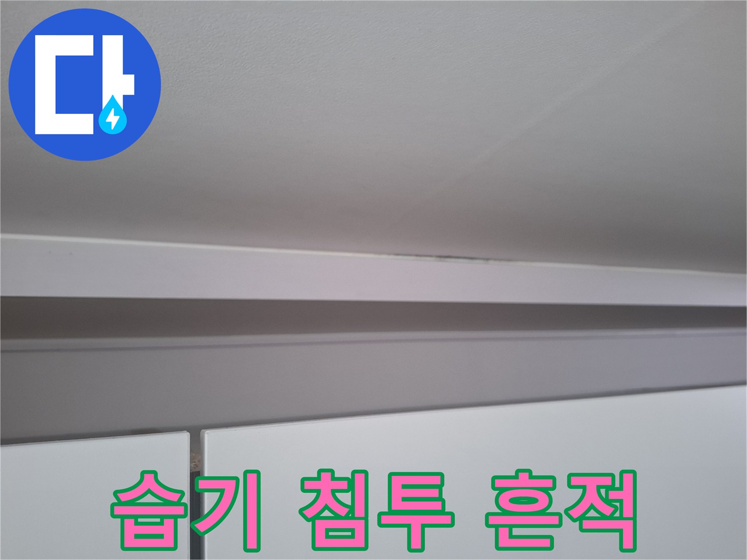 천장 몰딩과 벽면 경계에 나타난 습기 얼룩 사진