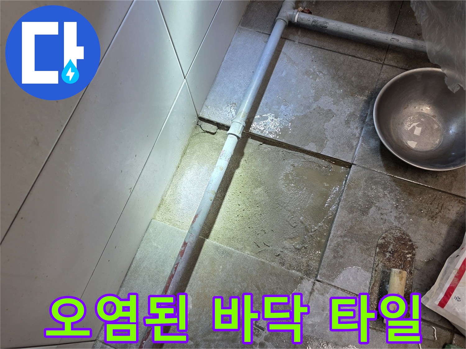 분당 식당 현장 - 누수로 인해 젖어 있는 굴착 부위와 노출된 관로