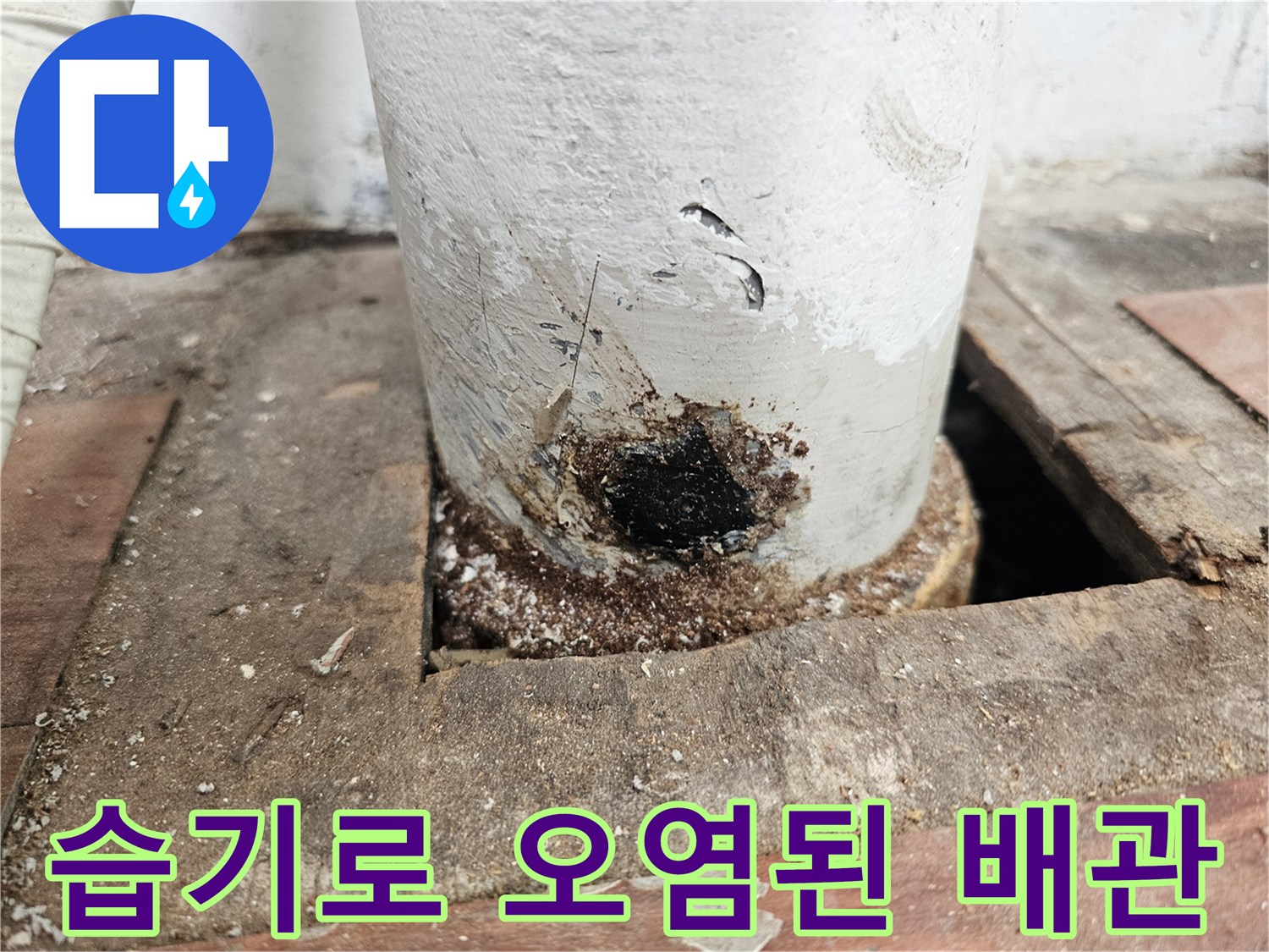 물샘 현상이 나타난-배수 파이프 주변부