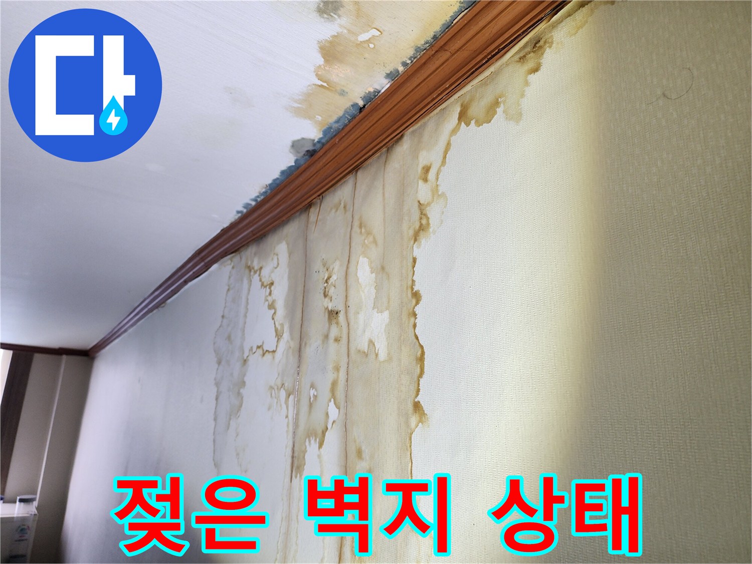 물에 젖어 변색된 천장 몰딩 부근