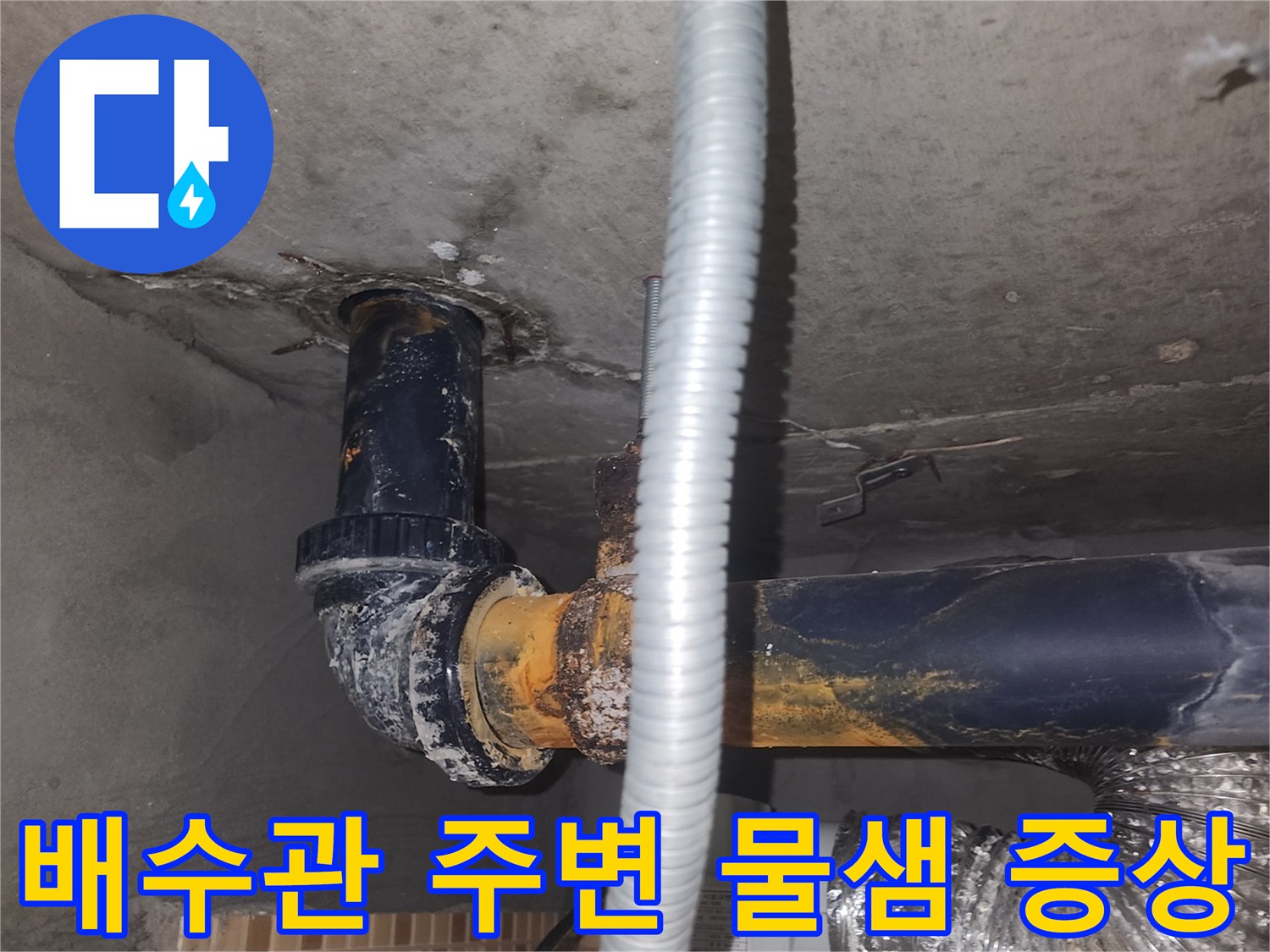 아래층 천장-배관 주위의 젖은 콘크리트와 오염 부위