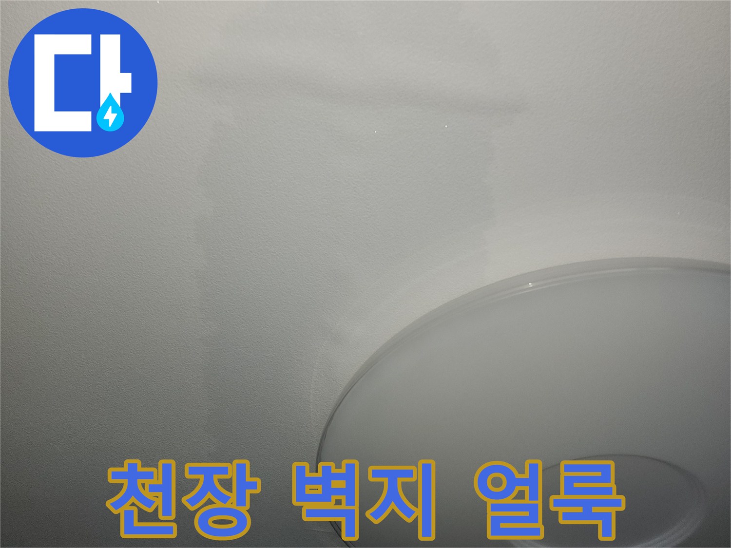 천장 조명 주변의 습기 머금은 벽지 - 누수 발생 부위