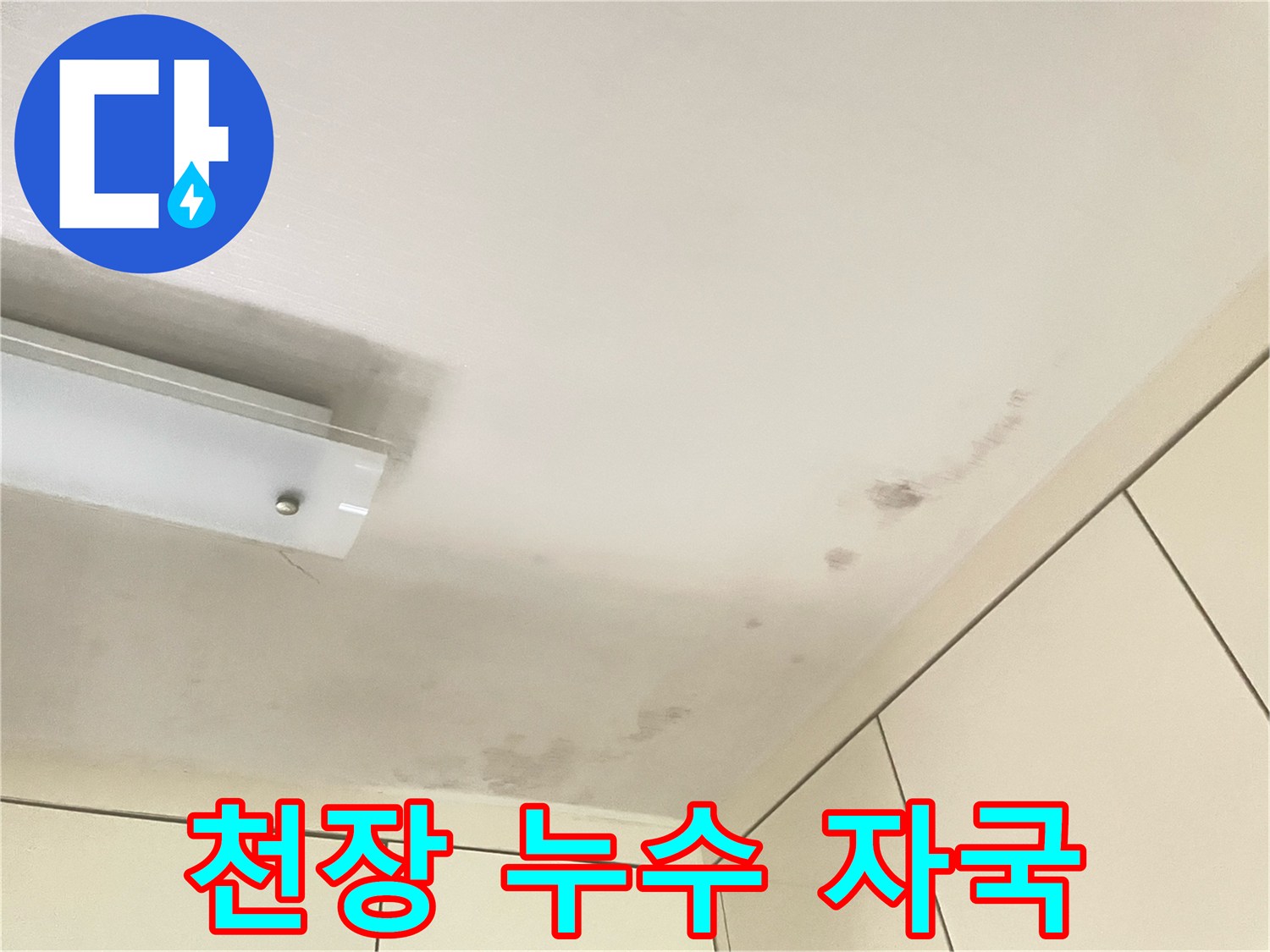 하얀 천장재에 발생한 짙은 색의 누수 오염 흔적