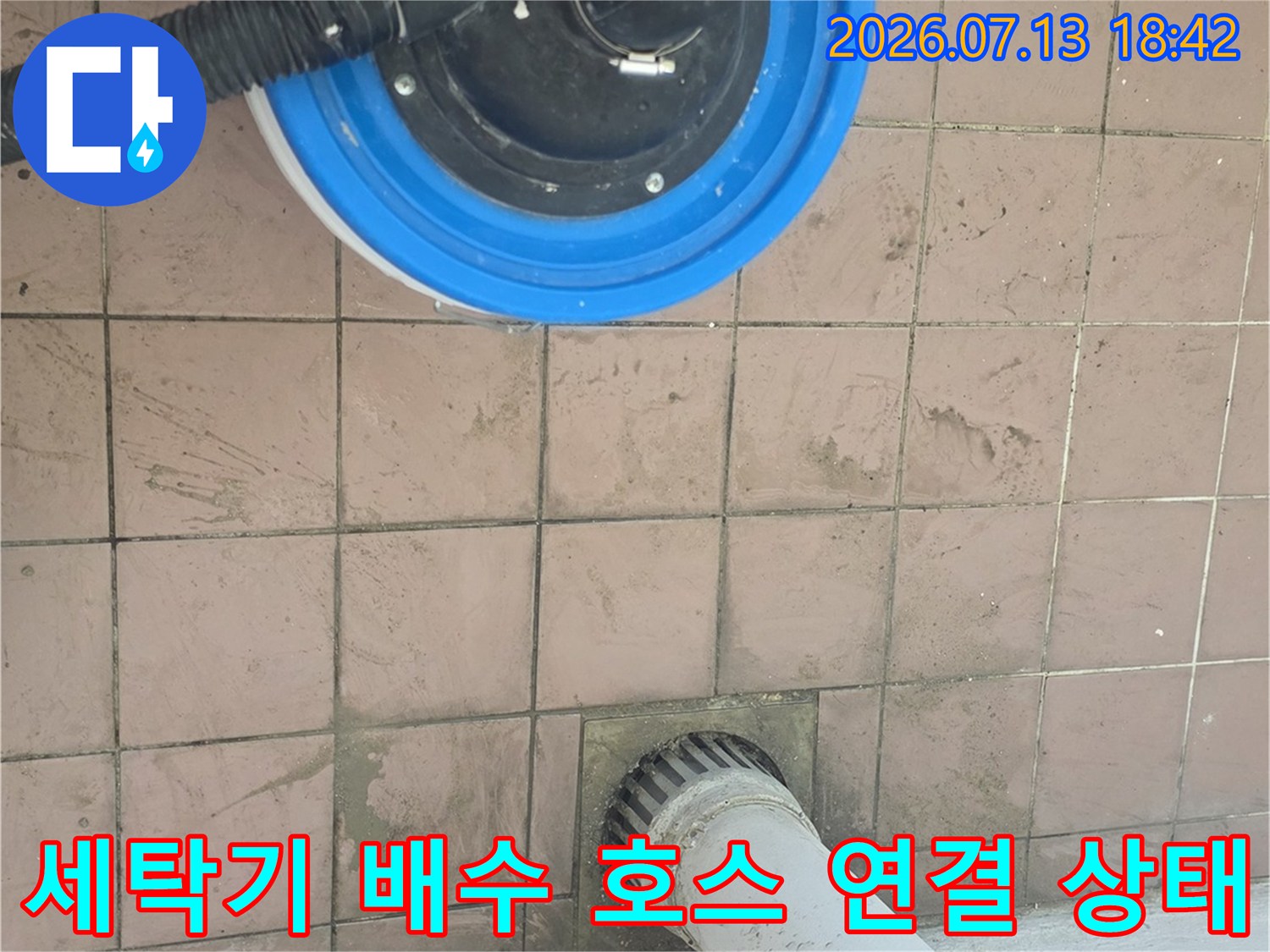 세탁기 배수 호스가 파란색 트랩에 연결된 모습