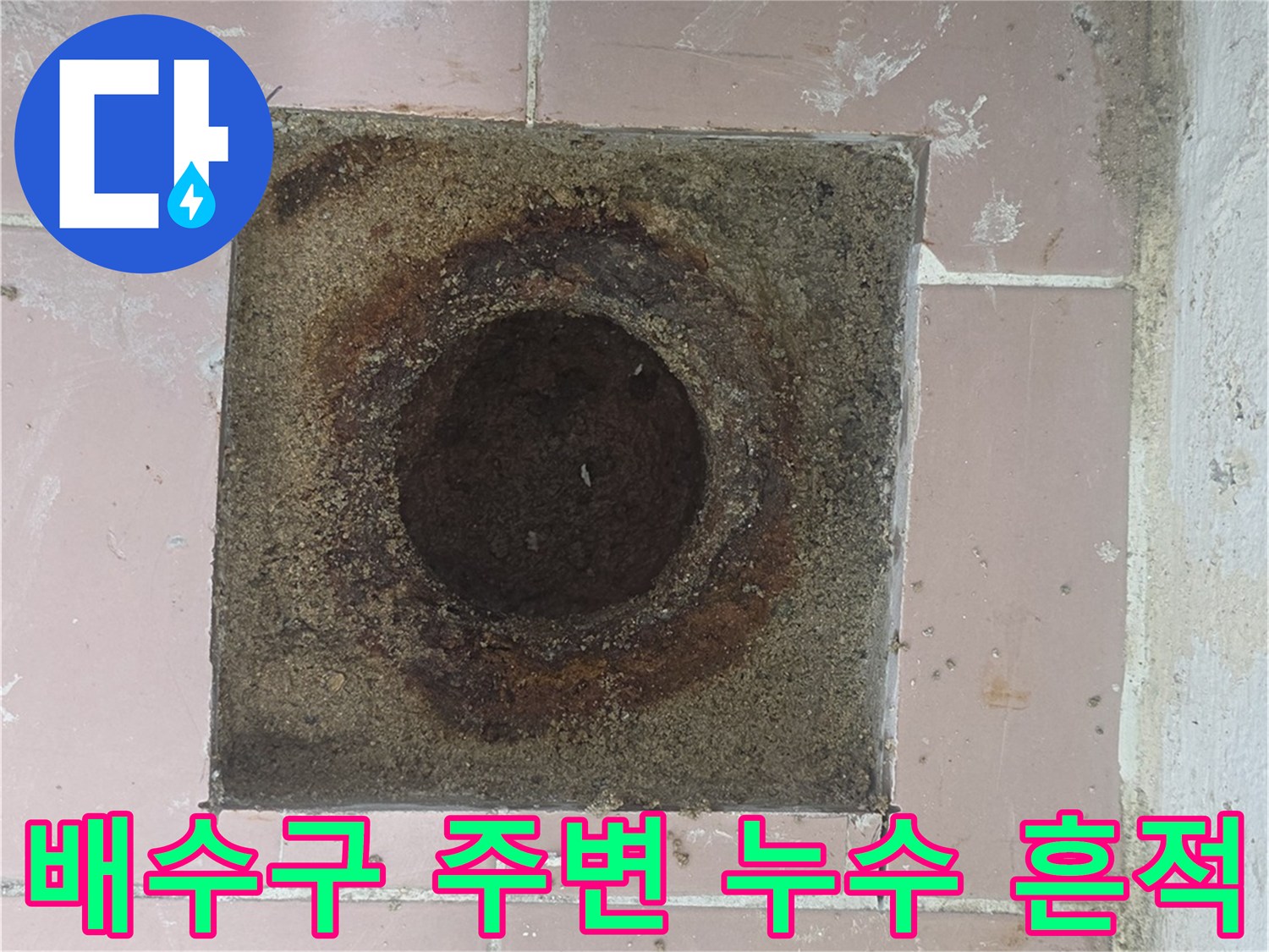 세탁기 배수구 주변의 찌든 때와 물샘 흔적 사진
