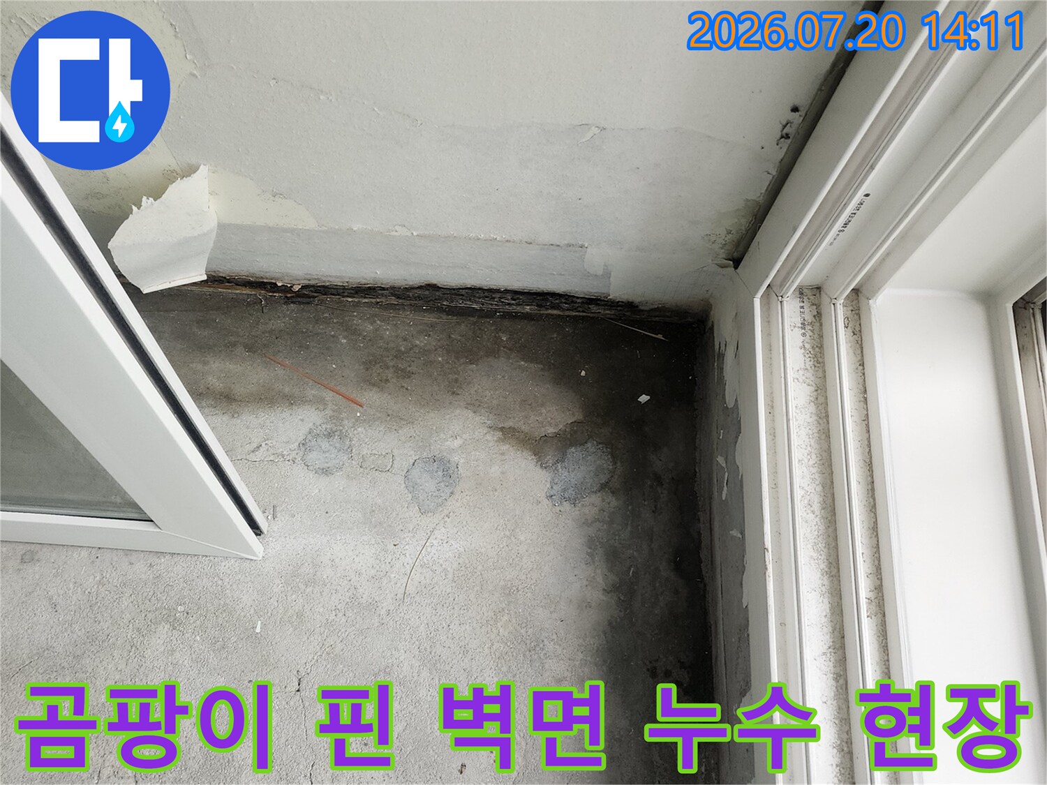 벽면 하단부에 습기와 곰팡이가 발생한 창호 주변 모습