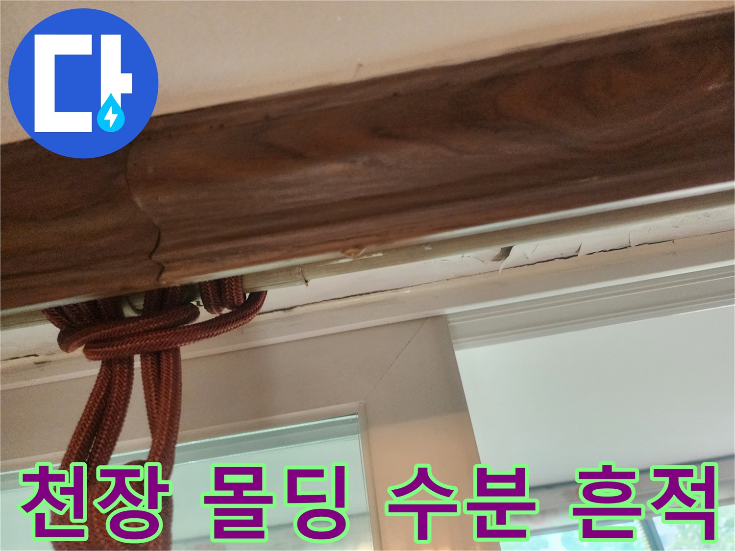 물기에 젖은 천장 몰딩의 변색 부위