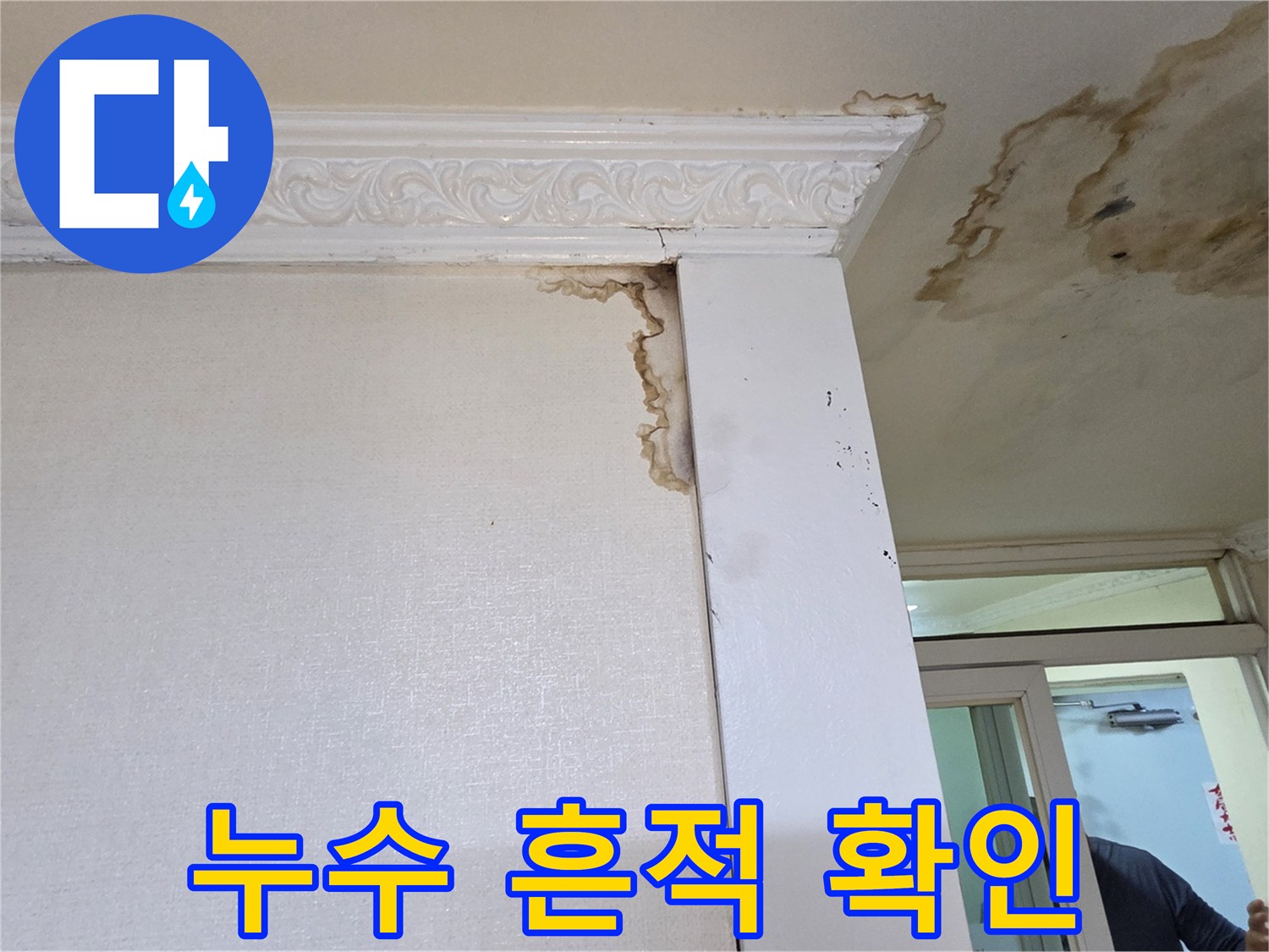 천장-벽면-접합부의-짙은-물얼룩과-변색된-벽지