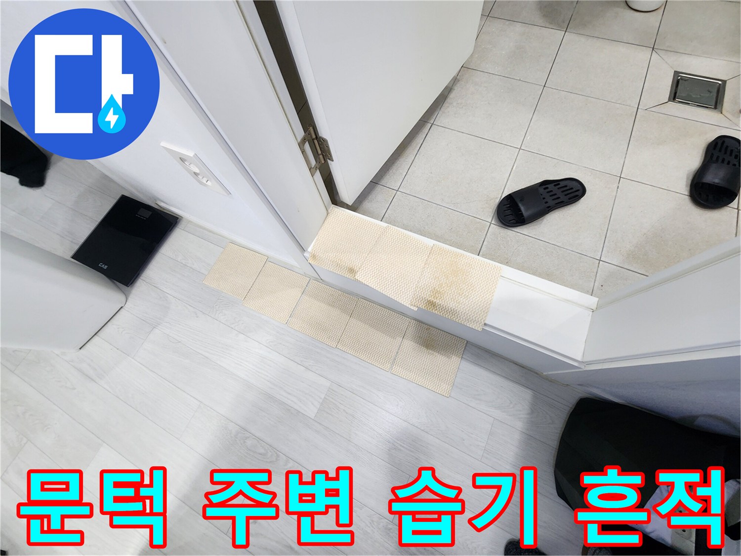 화장실 입구 매트 아래 타일의 젖은 변색 부위