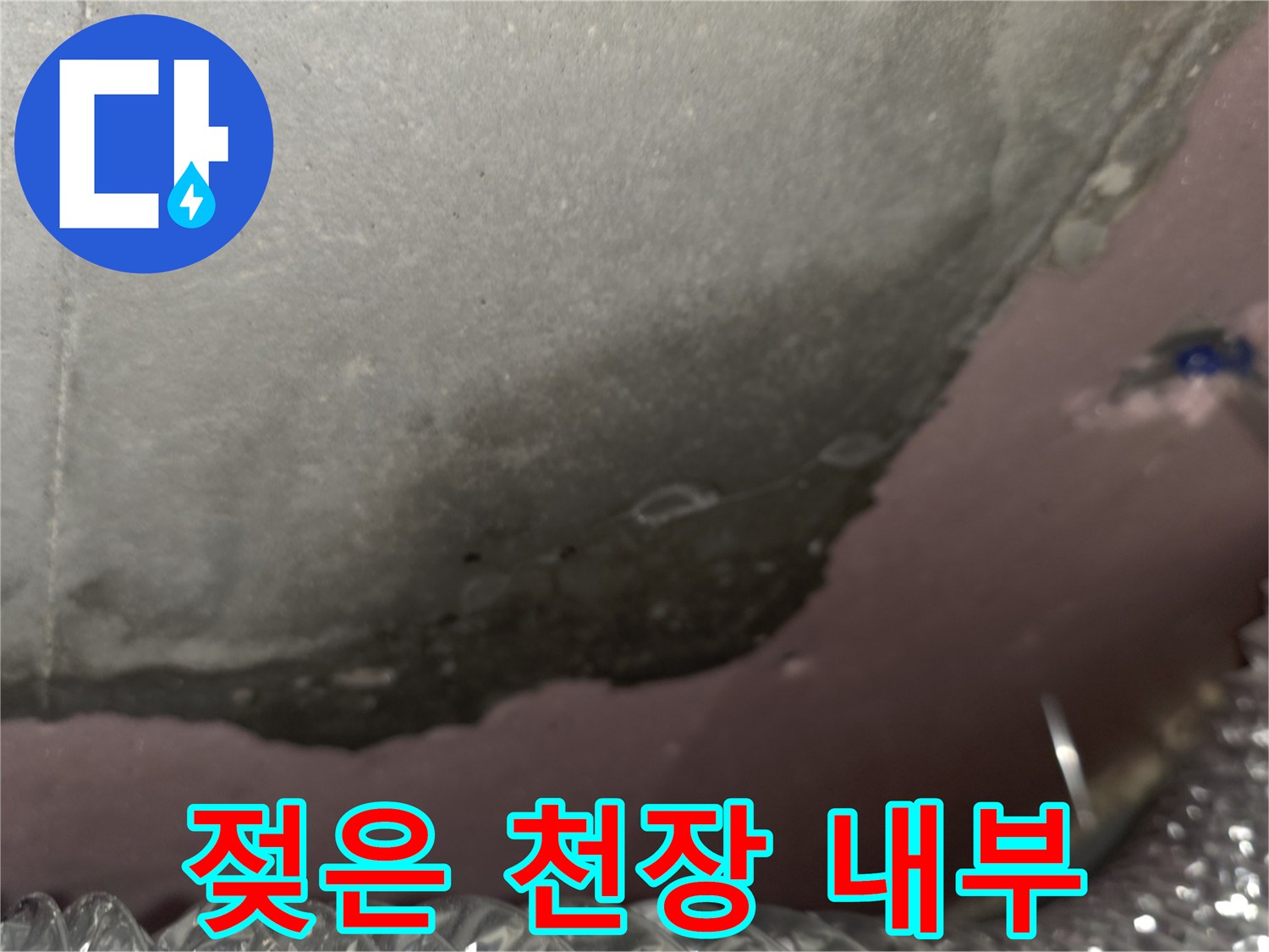 천장 구조물 상태-습기와 곰팡이로 오염된 단열재 부위