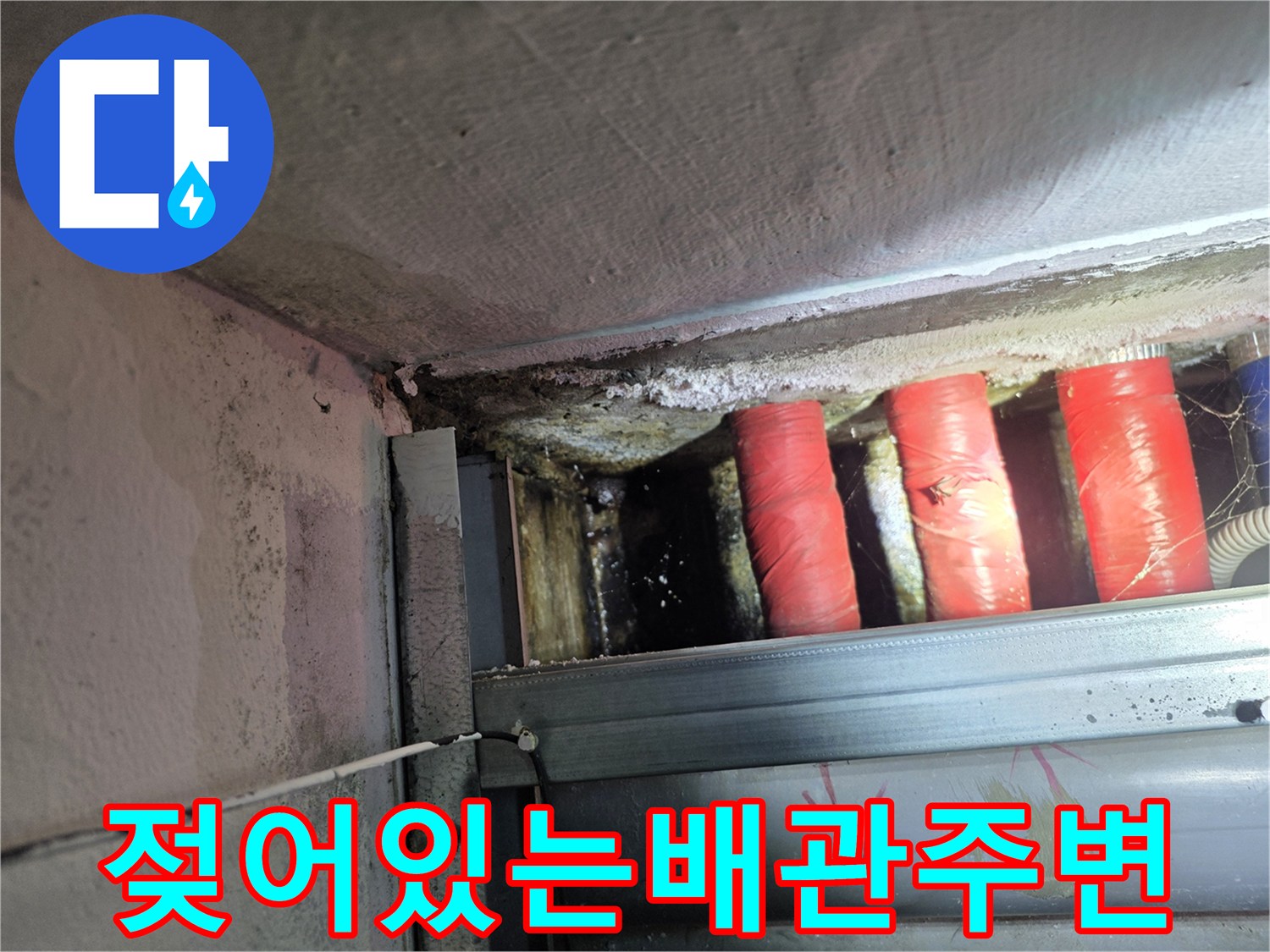 보온재가 젖은-배관 주변의 누수 흔적