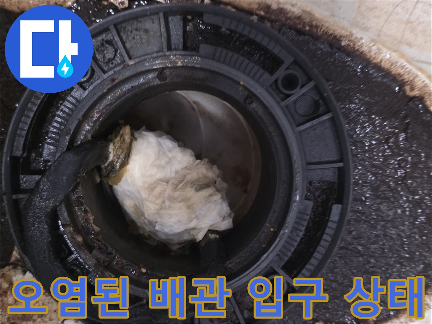 변기 탈거 후 확인된 오염된 오수관 연결 부위