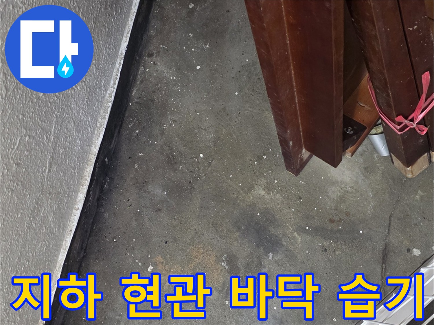 지하 현관 내부의 콘크리트 바닥 균열과 습윤 상태