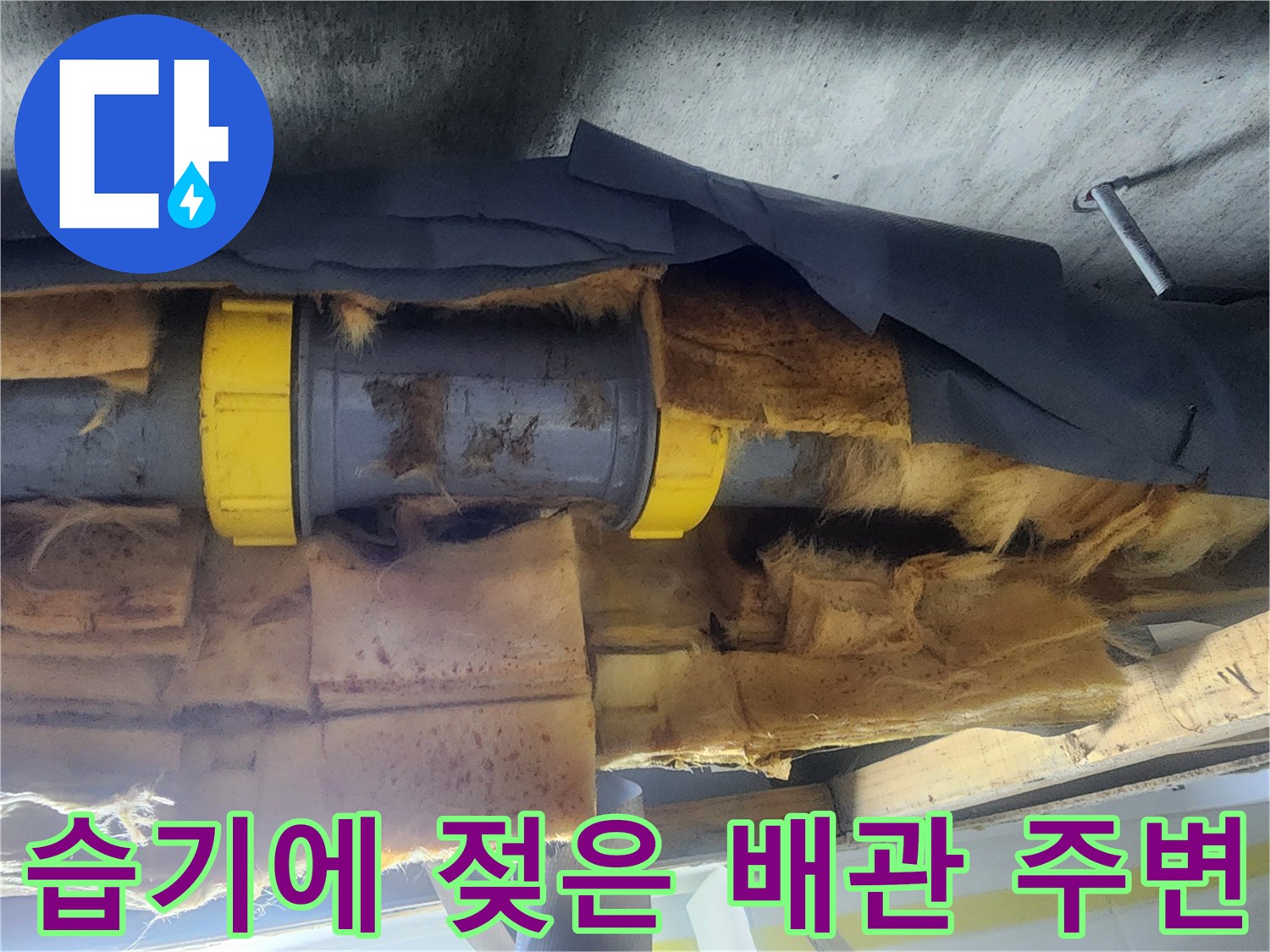 누수로 인해 물기가 가득한 오수 배근 및 단열재