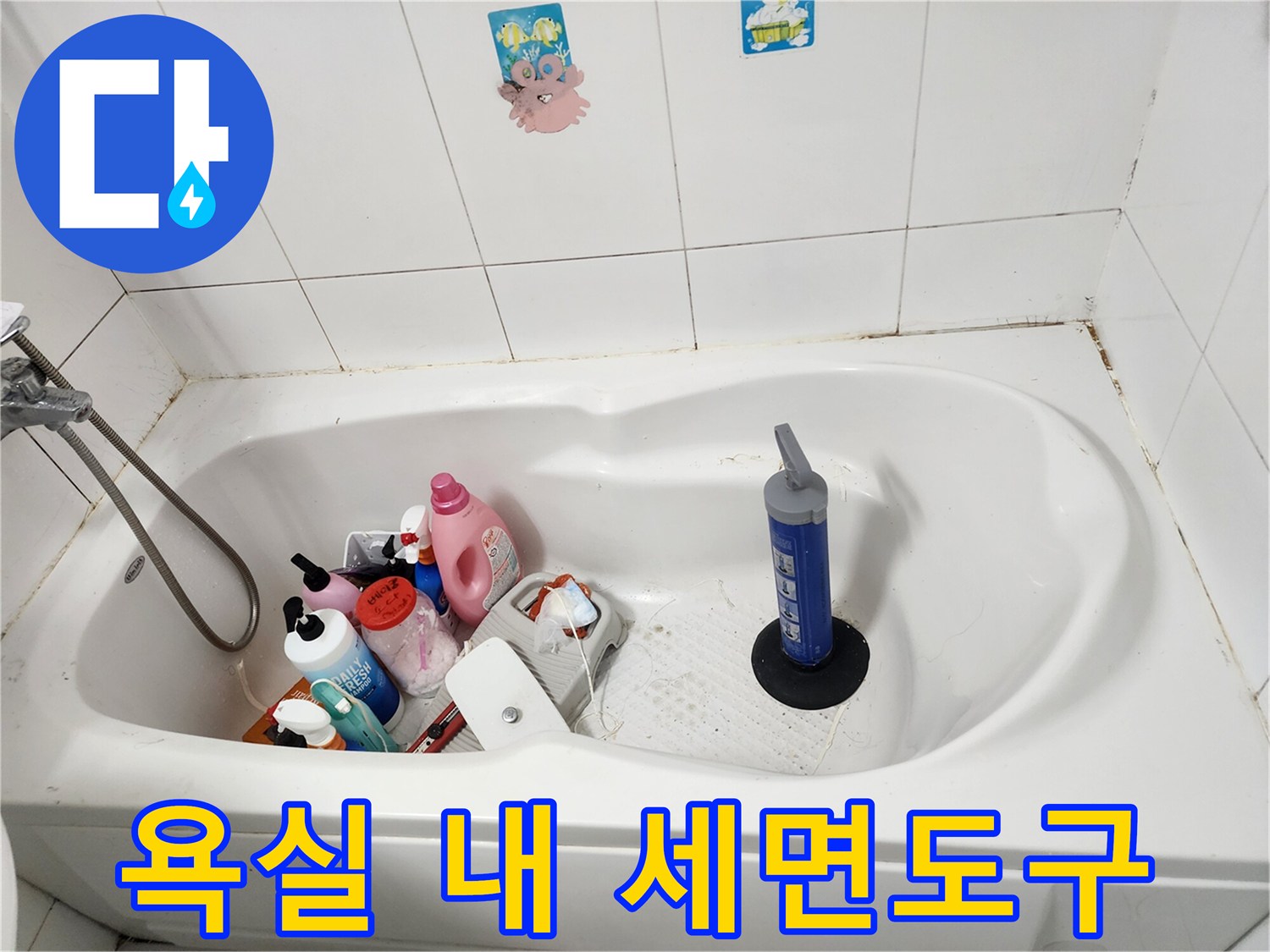 욕실 욕조 안에 정리된 다양한 세정제와 용품들