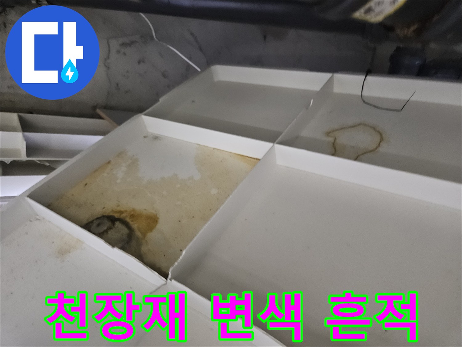 습기로 인해 갈색 얼룩이 생긴 천장 텍스