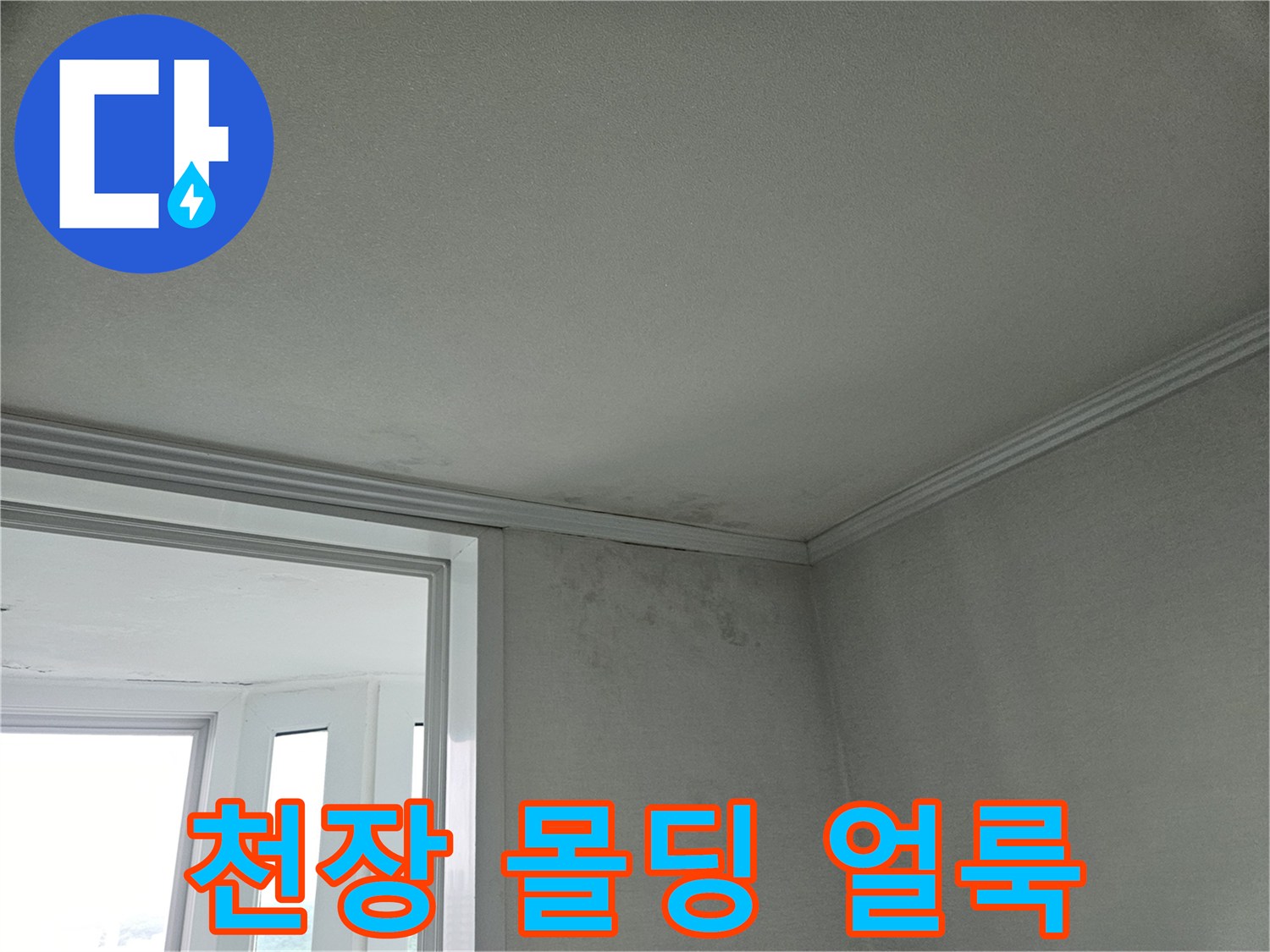 천장 몰딩 부근에 발생한 누수 흔적과 벽지 변색 사진
