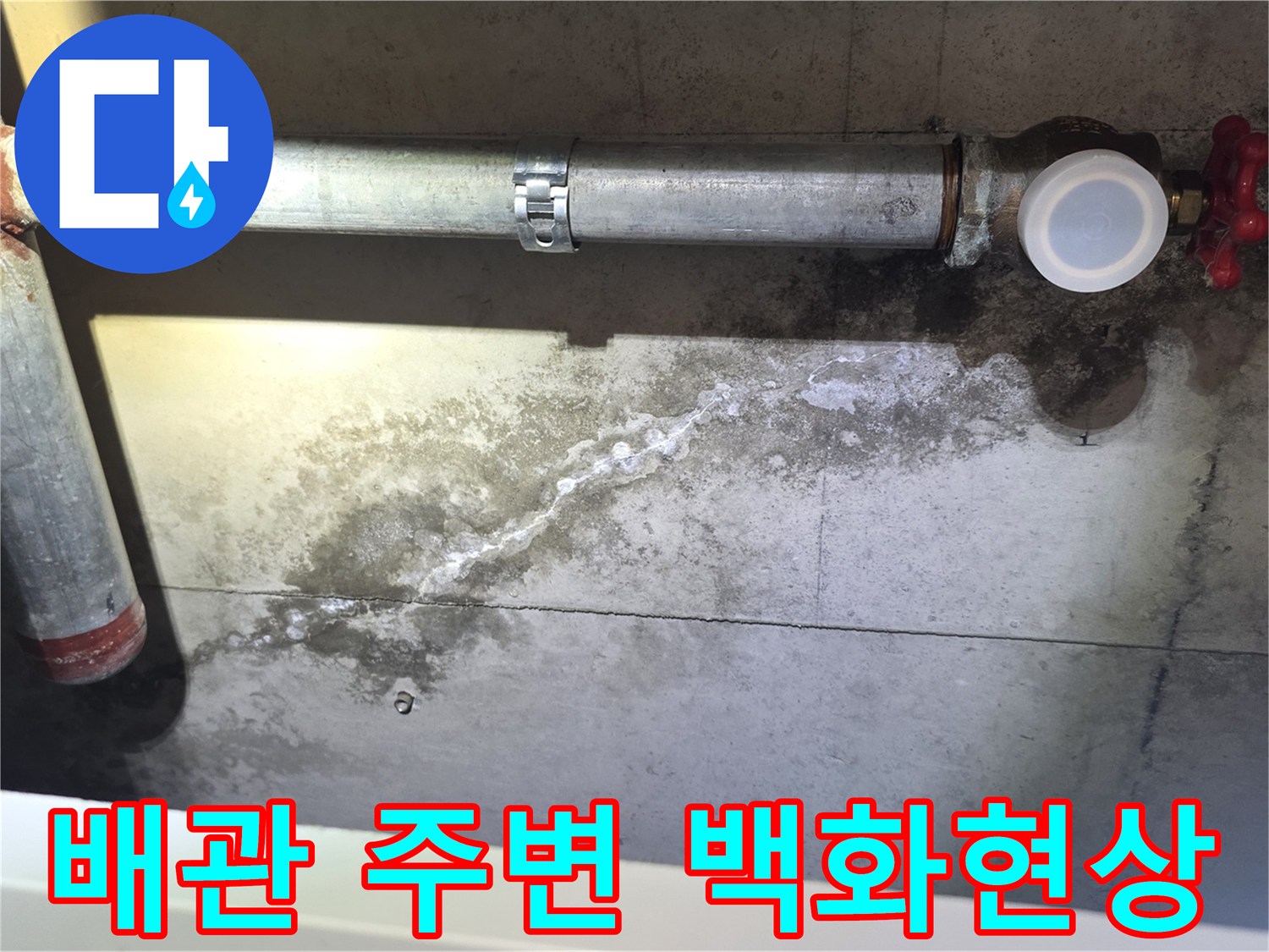 배관 연결 부위 근처의 콘크리트 슬래브에 나타난 하얀 백화 현상