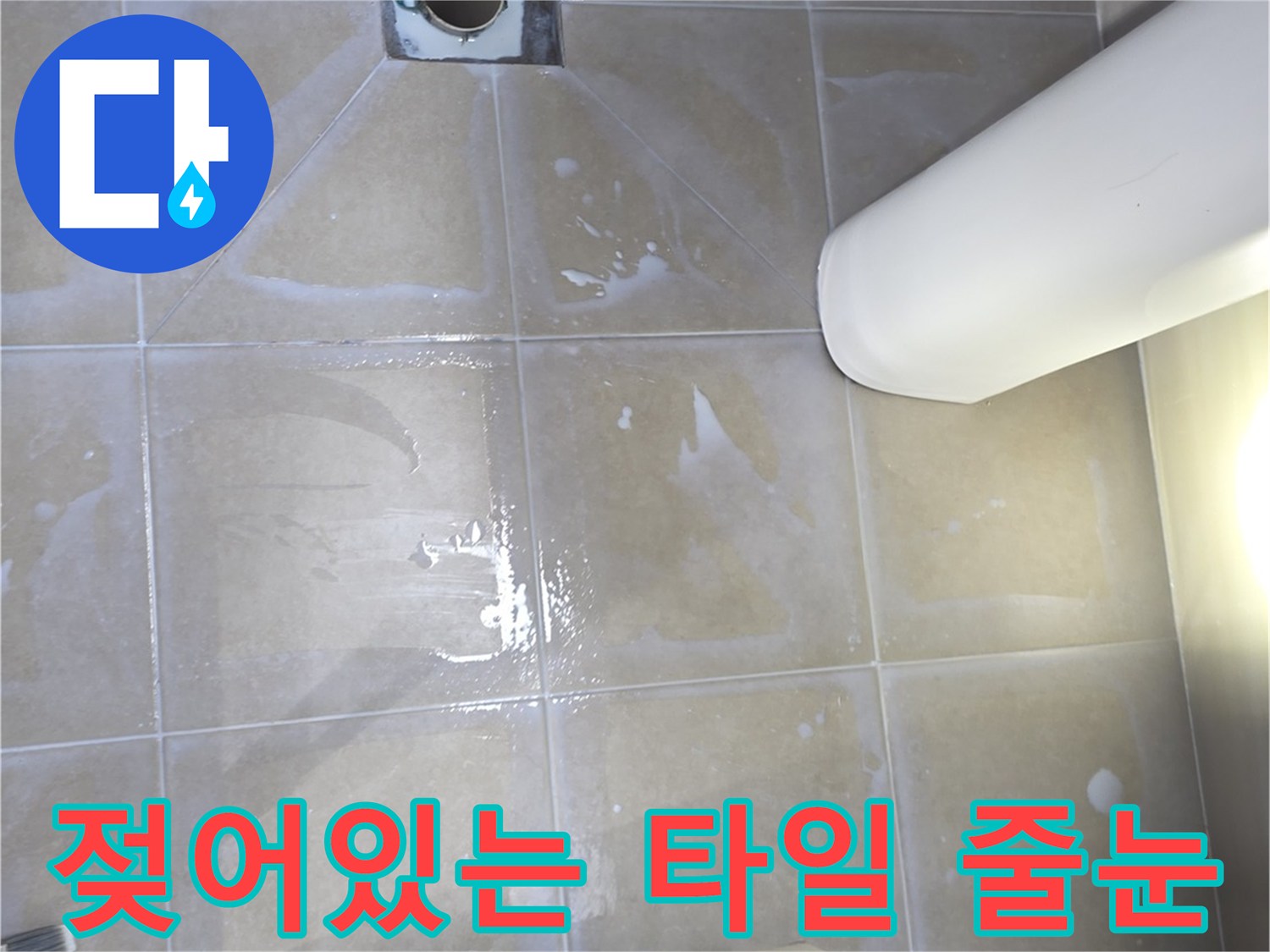 물기가 스며든-화장실 바닥 타일과 배수구 부위