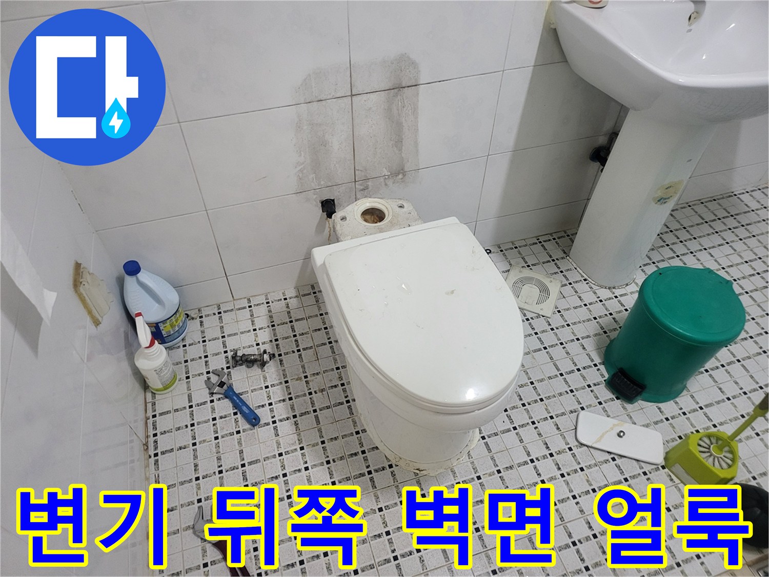화장실 변기 뒷벽에 발생한 젖은 흔적과 곰팡이 상태