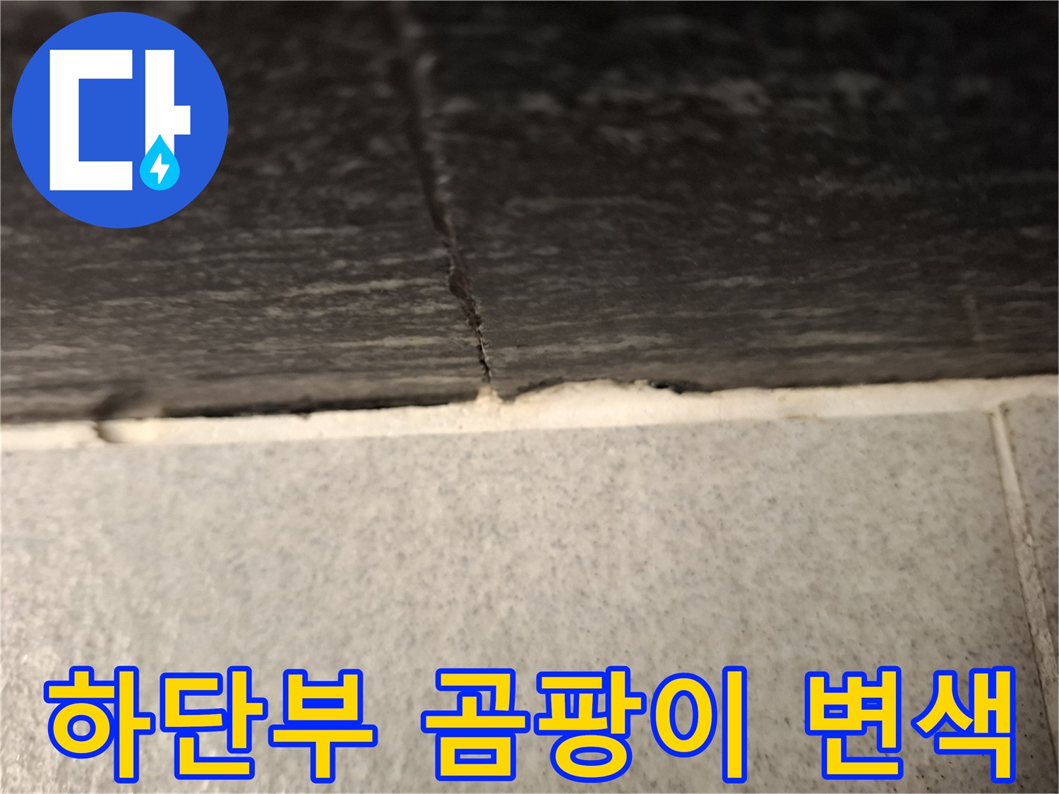 벽면 하단 마감재 부근의 곰팡이와 습기 흔적 사진