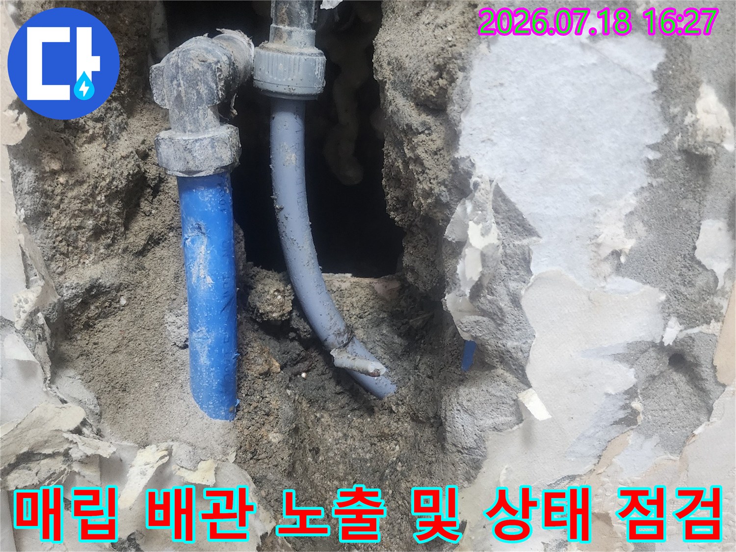 시멘트 가루와 흙 속에 묻혀 있던 파란색 수도관과 엘보 부속-누수 탐지 결과물