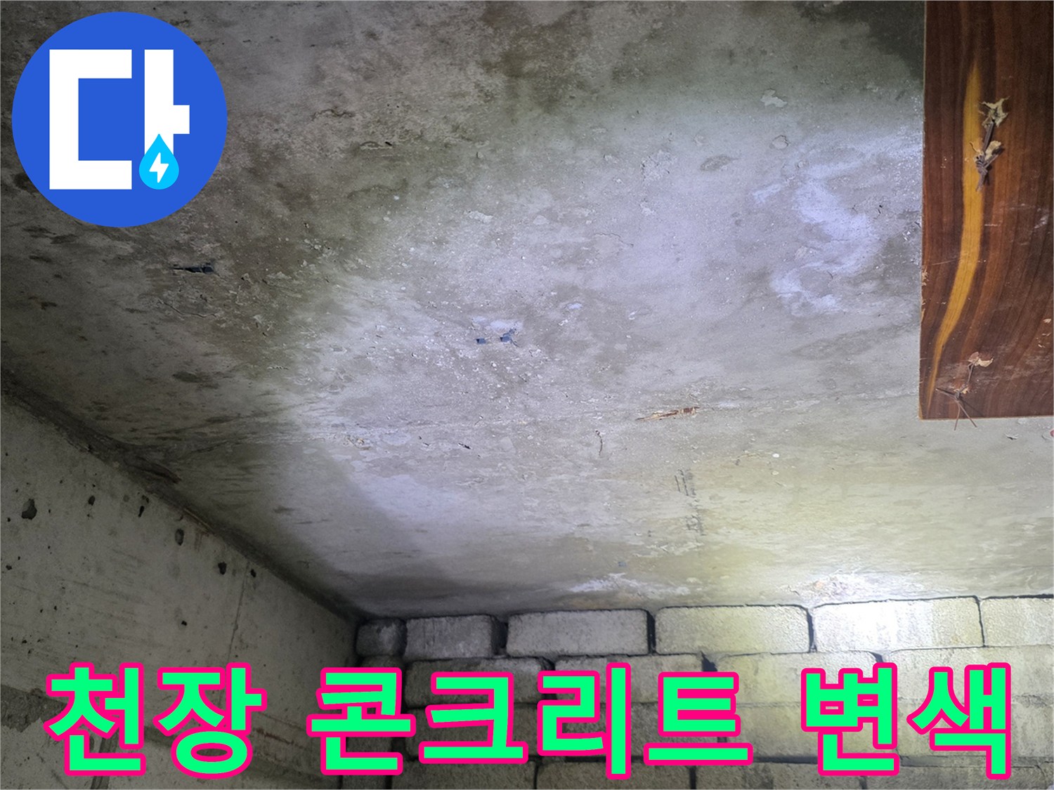 물샘 현상이 진행 중인 화장실 천장면