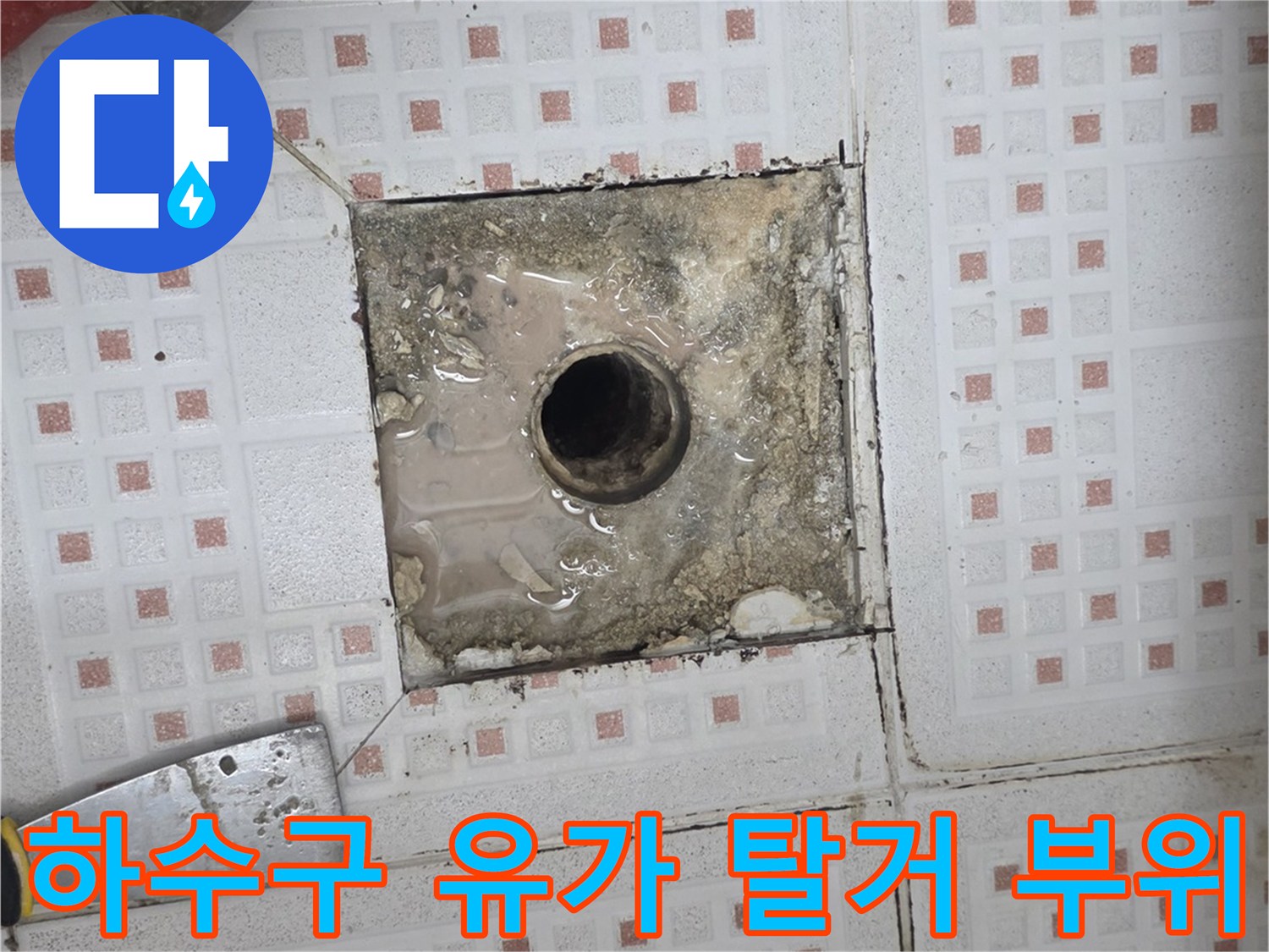 타일을 제거한 후 드러난 하수구 배관과 주변부의 습윤 상태입니다.