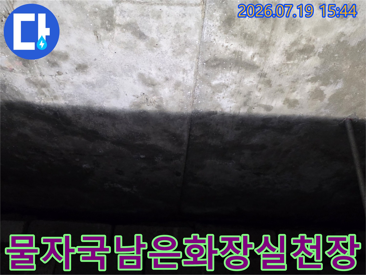 화장실 천장 콘크리트 슬래브에 물 얼룩과 습기가 퍼져 있는 모습