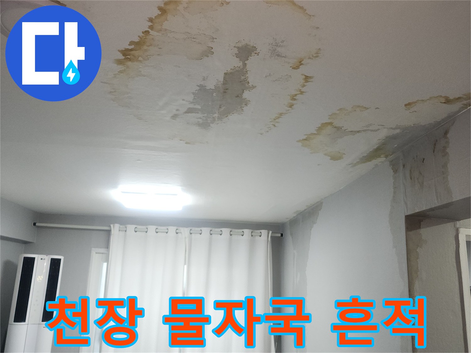 넓게 퍼진 천장 누수 얼룩과 습기 침투 부위