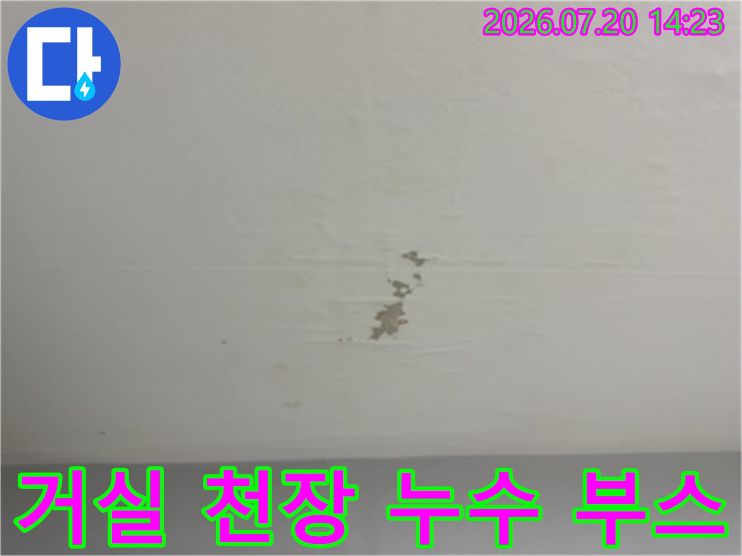 상층 배관 결함으로 발생한 하층 거실 천장의 손상 흔적