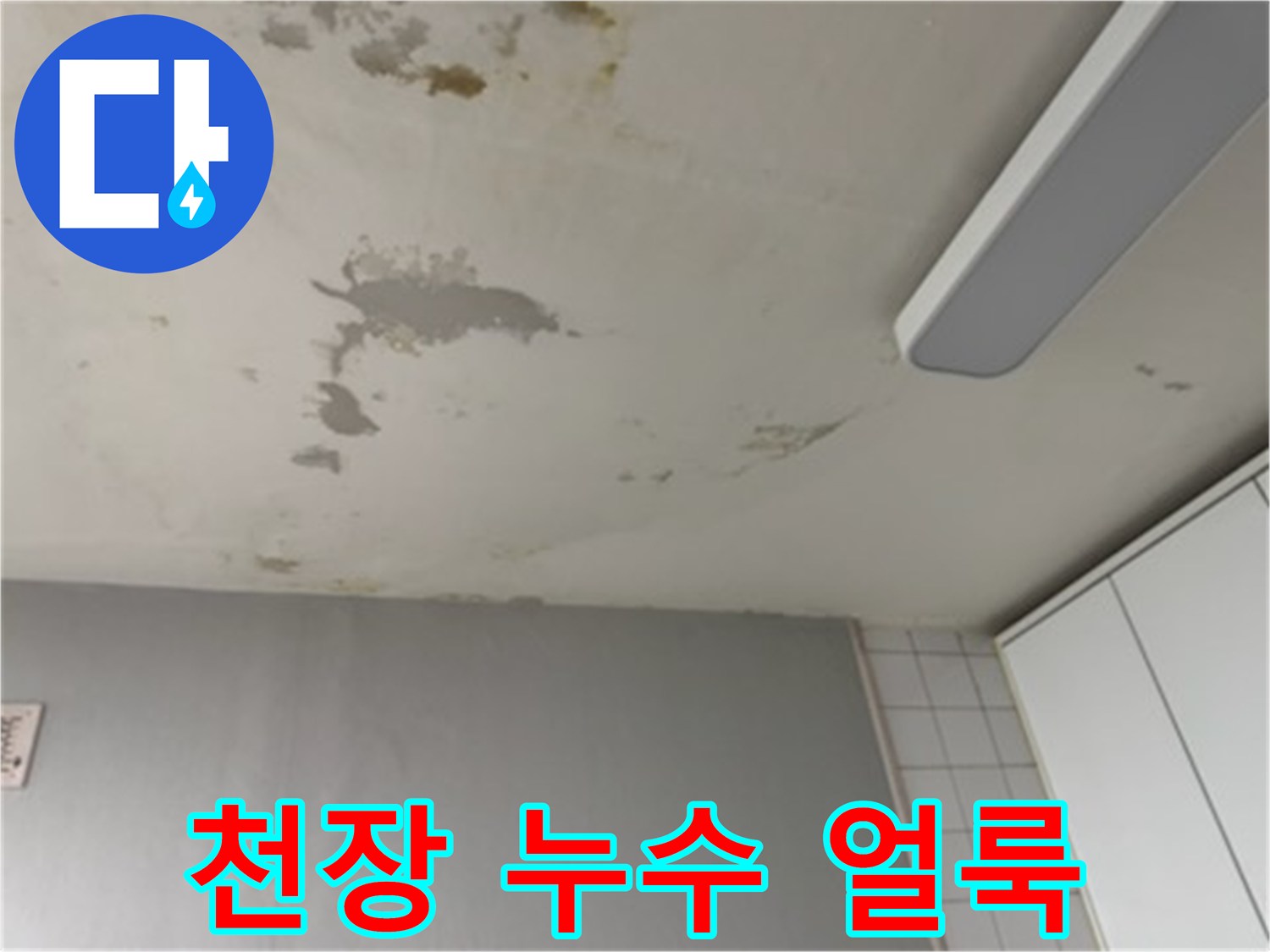 천장 마감재에 넓게 퍼진 누수 흔적 및 변색 부위
