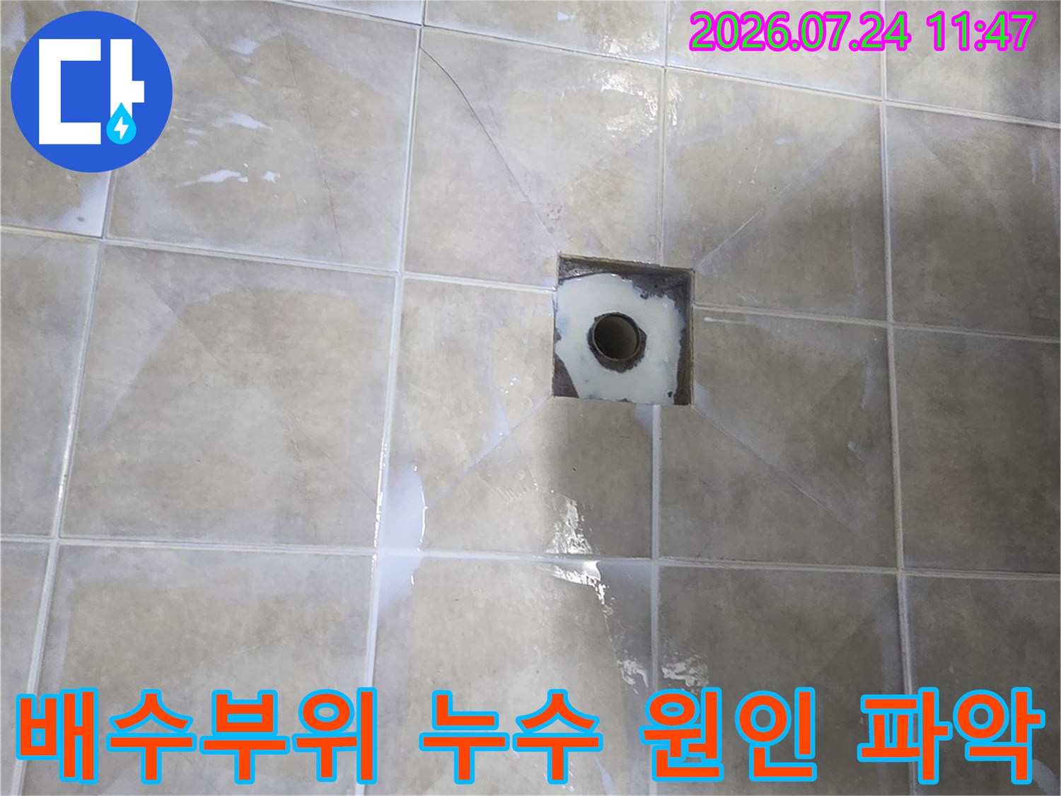 배수구 주변의 타일과 배관 연결 상태를 상세하게 분석하는 모습