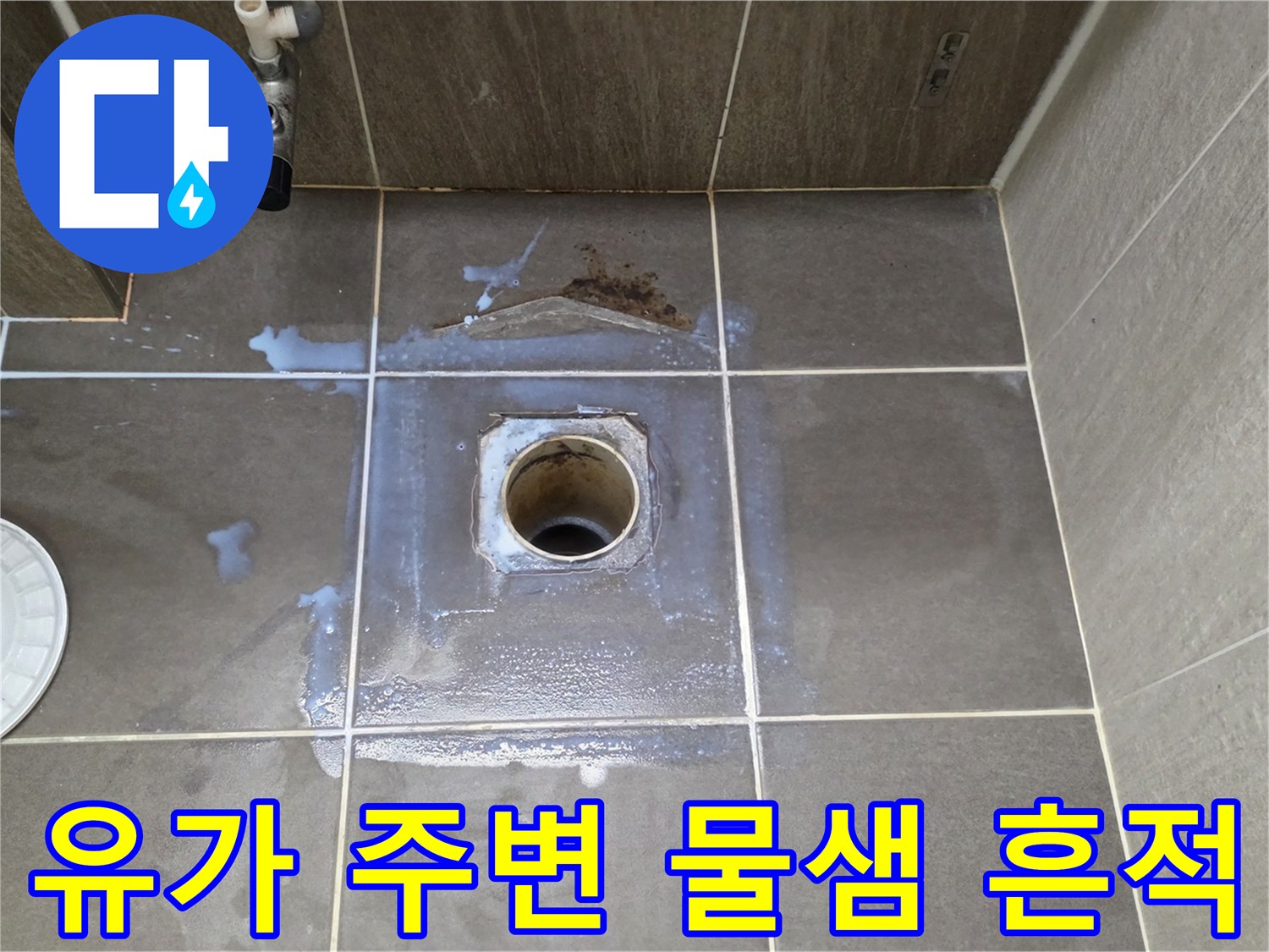 용인 기흥 욕실 배수구 주변의 젖은 타일과 배관