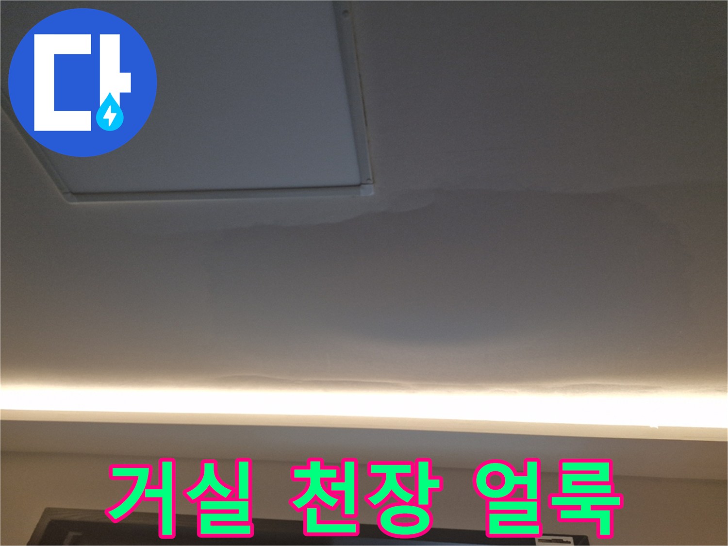 조명 설치 부위 주변의 젖은 천장 모습