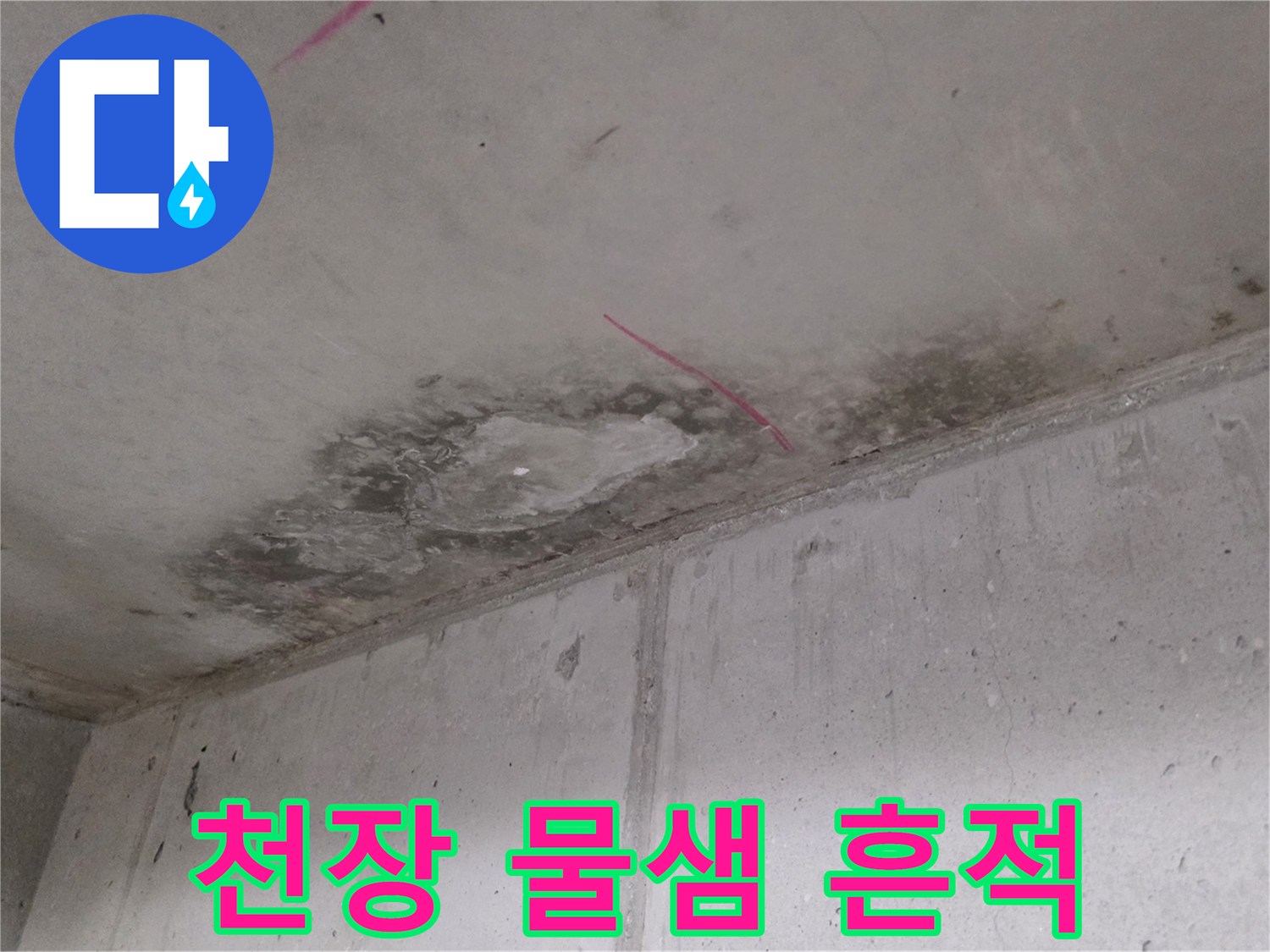 누수로 인해 어둡게 변색된 천장 마감 부위