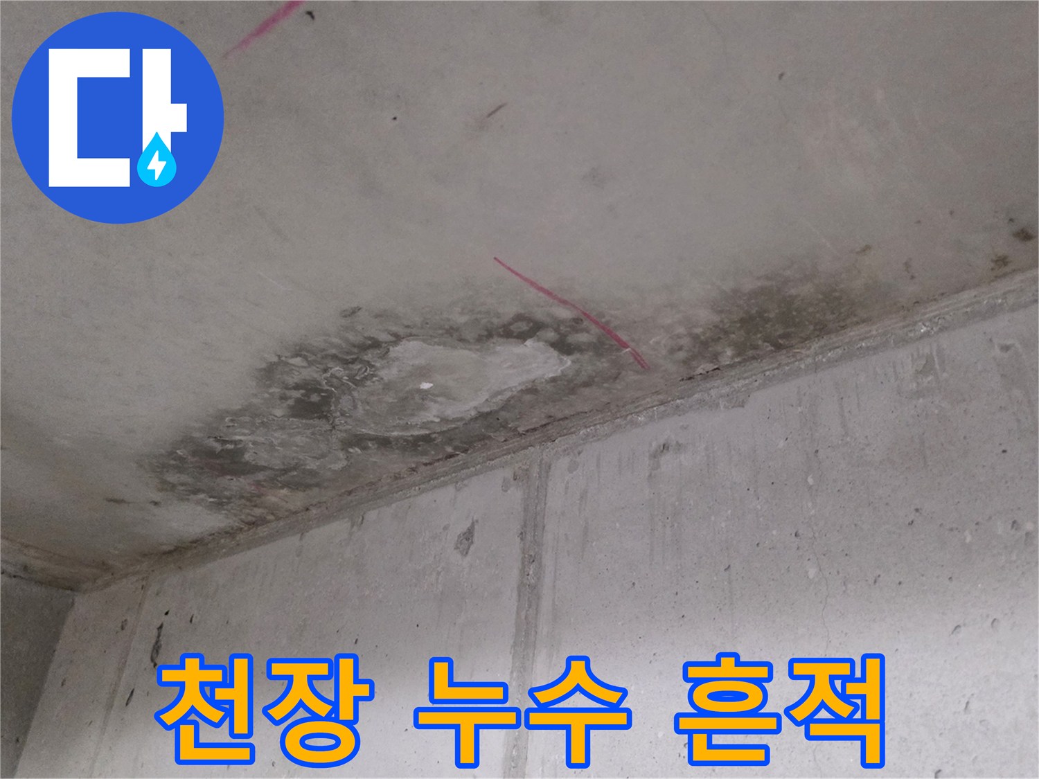아파트 주방 천장에 발생한 짙은 물자국과 얼룩 상태