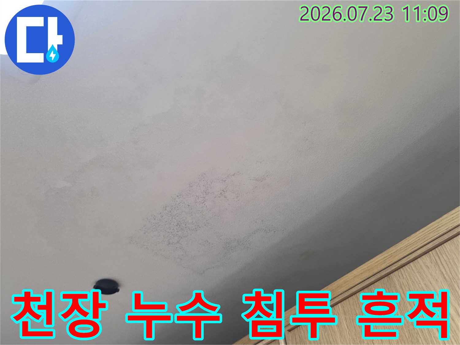 천장에 나타난 불규칙한 형태의 물샘-얼룩 자국