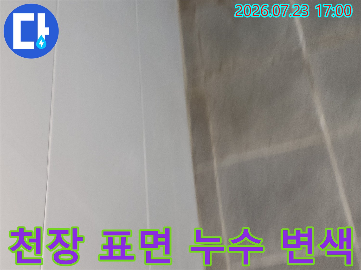누수로 인해 곰팡이와 얼룩이 생긴 거실 천장의 마감재-표면
