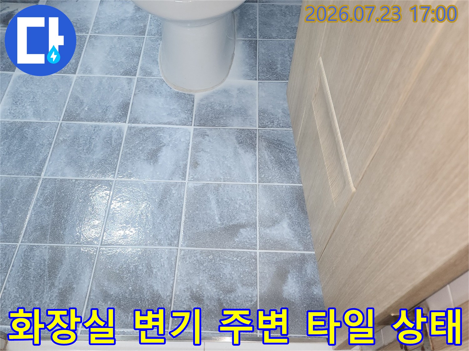 푸른색 계열의 욕실 타일과 흰색 변기가 설치된 모습-누수 점검 부위
